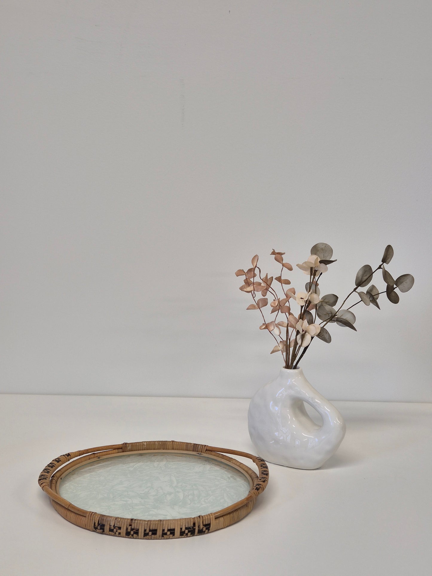 Vintage Rattan Glass Tray – Large Woven Serving Tray