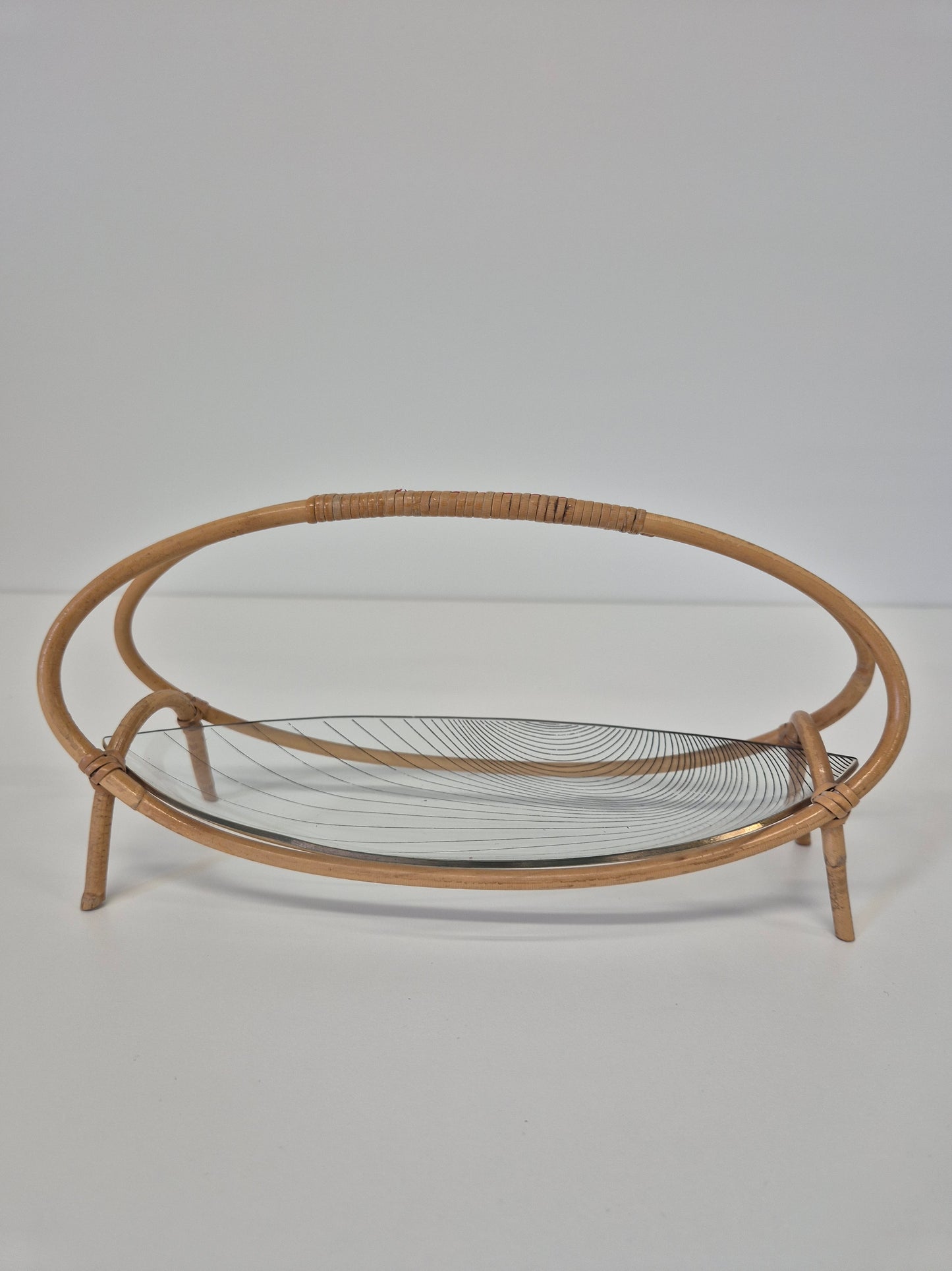 Vintage rotan glazen dienblad - geweven serveerschaal