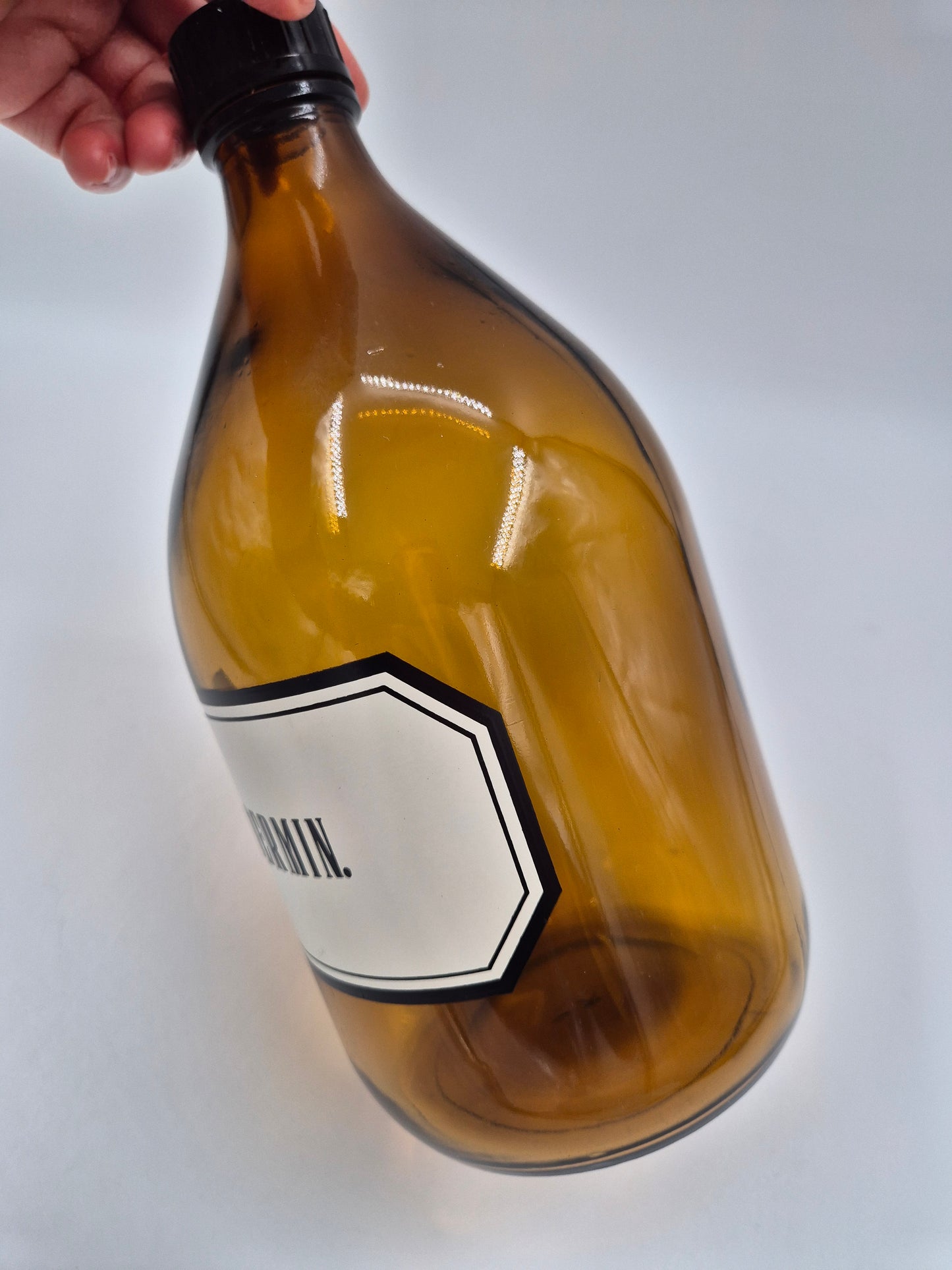 Vintage Apothecary Bottle “DERMIN” – Amber Glass Pharmacy Bottle with Black Cap – 28 cm
