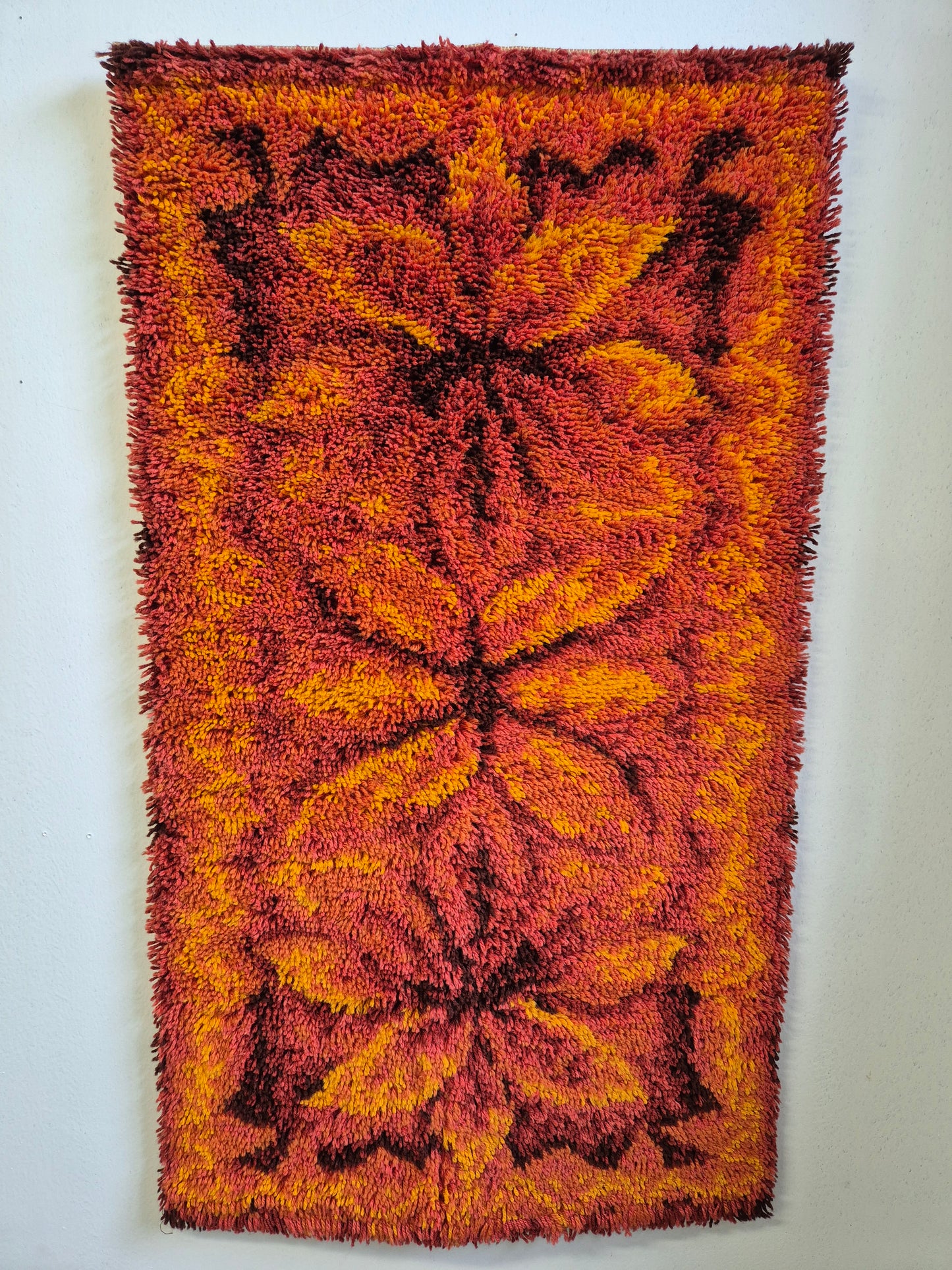 Vintage Finnish Ryijy Rug 70x125 cm | 1970s Scandinavian Shag Rug | Orange Brown Wall Hanging | Mid Century Nordic Textile