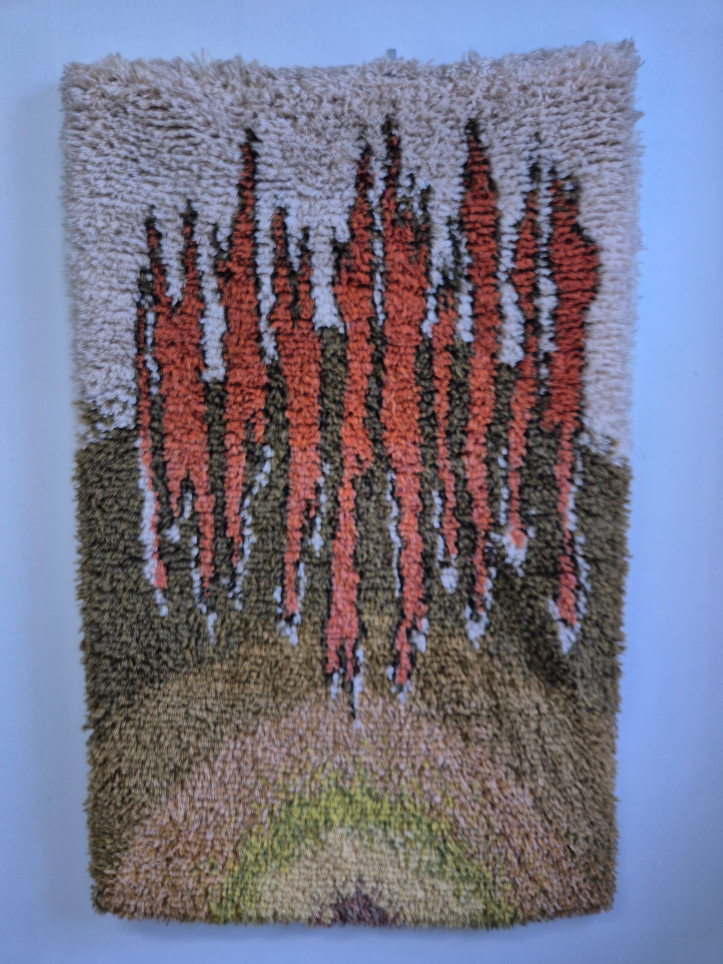 Vintage Finnish Ryijy Wall Hanging 100 x 150 cm | Handmade Wool Tapestry | Abstract Orange & Green Textile Art | Scandinavian Fiber Art