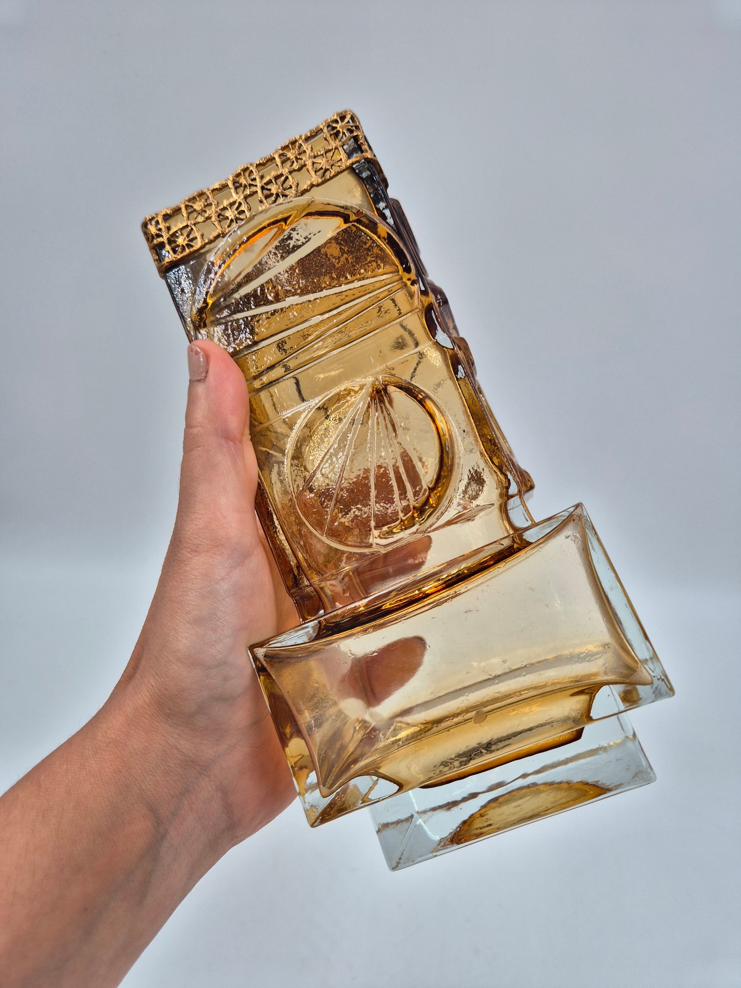 Vintage Pentti Sarpaneva for Kumela Finland Honey Yellow Art Glass Vase with Bronze Rim | Mid-Century Modern Scandinavian Design | Amber Crystal Vase