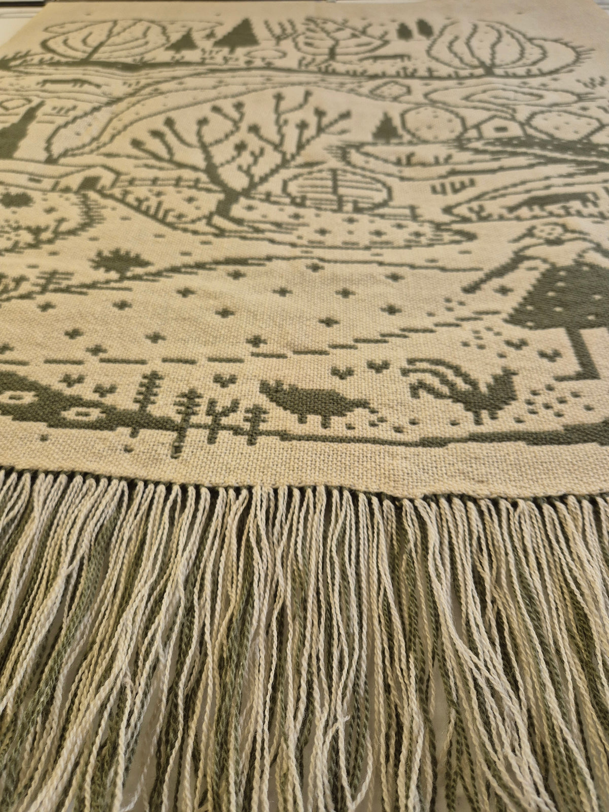 Vintage Finnish Wool Wall Hanging, Forest Landscape & Girl Motif, Green & White Woven Textile