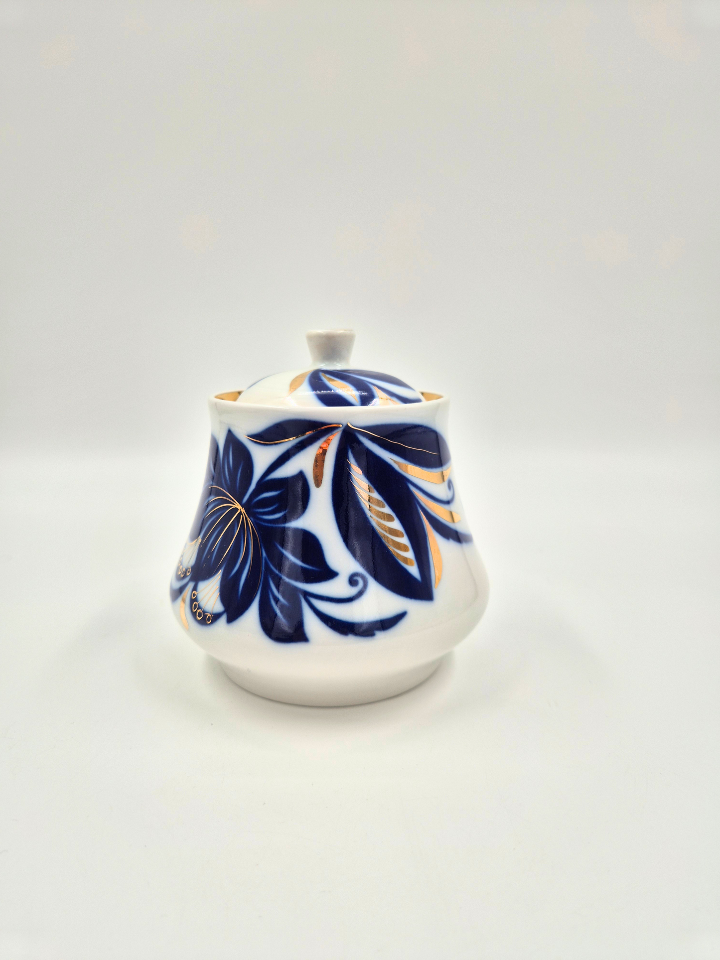 Vintage USSR Porcelain Sugar Bowl with Lid – Blue Floral Soviet Ceramic Jar with Gold Details – Russian Collectible Kitchen Decor