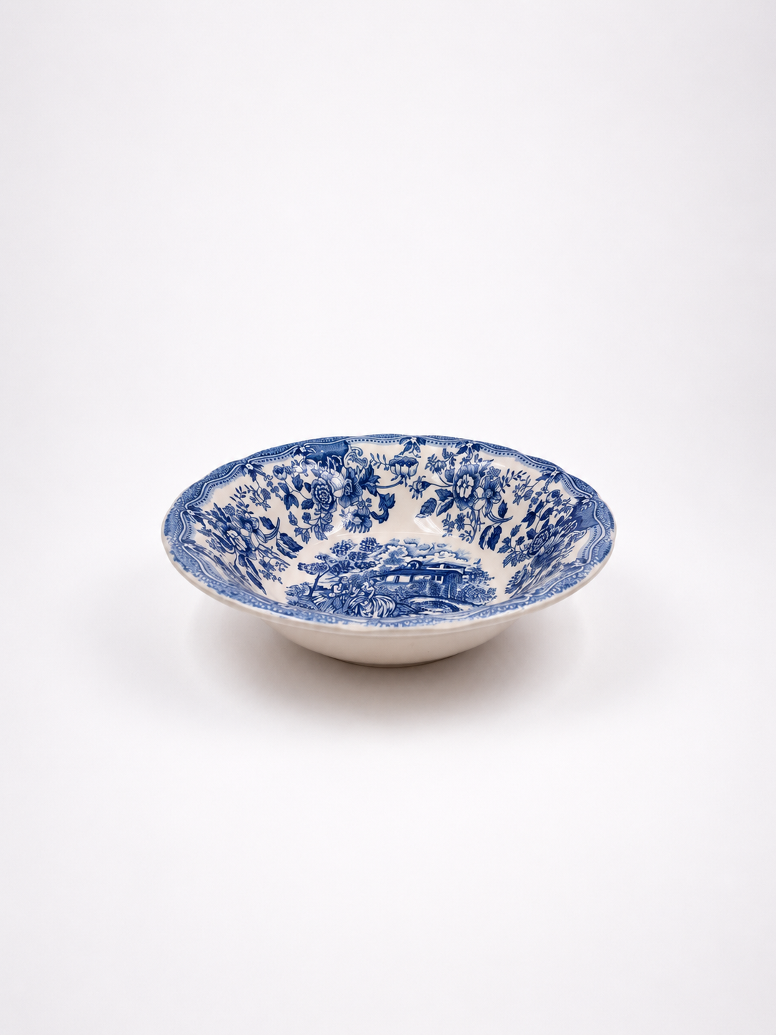 Vintage Italian Ironstone Serving Bowl 25 cm | Blue & White Floral Transferware Bowl