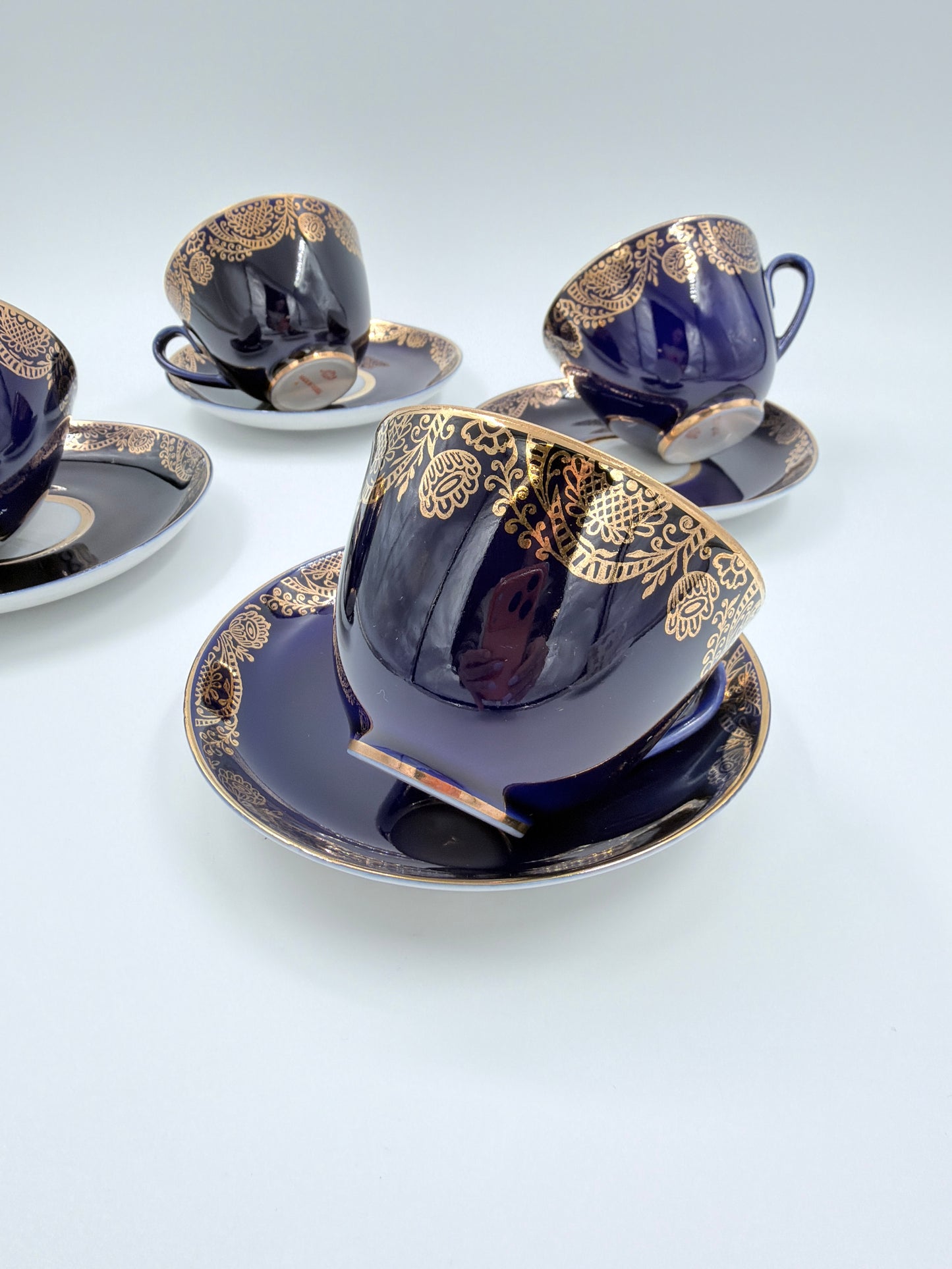 Lomonosov Cobalt Blue Cup & Saucer Floral Gold Porcelain USSR Vintage - Set of Four