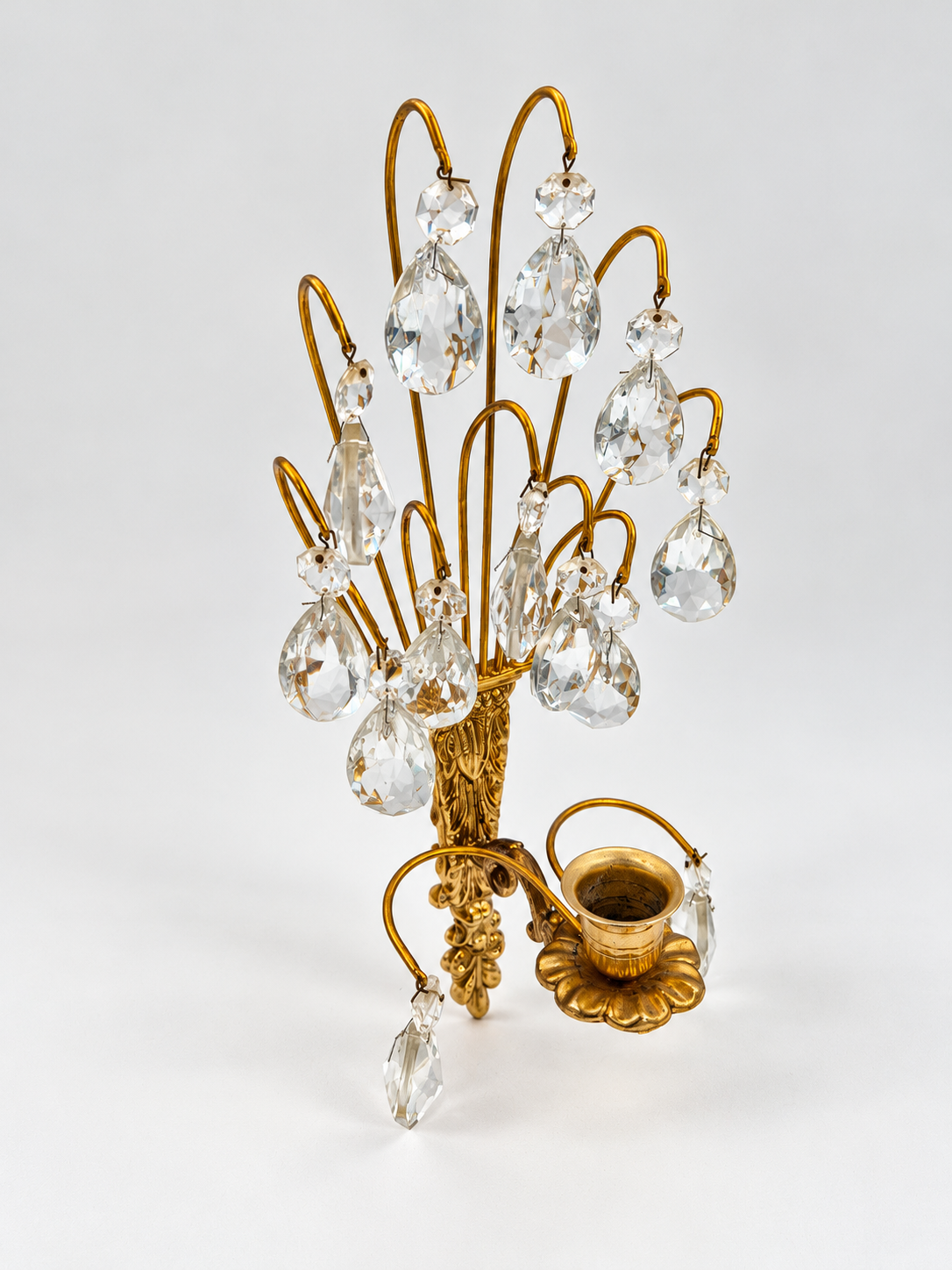 Vintage Turun Kristalli Wall Sconce with Crystal Prisms, Gilt Brass Candle Holder