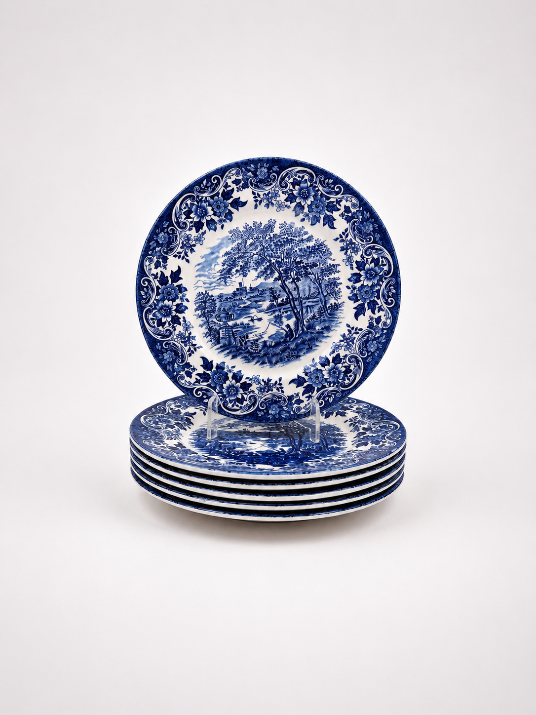 Set of 6 Vintage Broadhurst England Ironstone "English Scene" Plates 22.5 cm | Blue & White Transferware