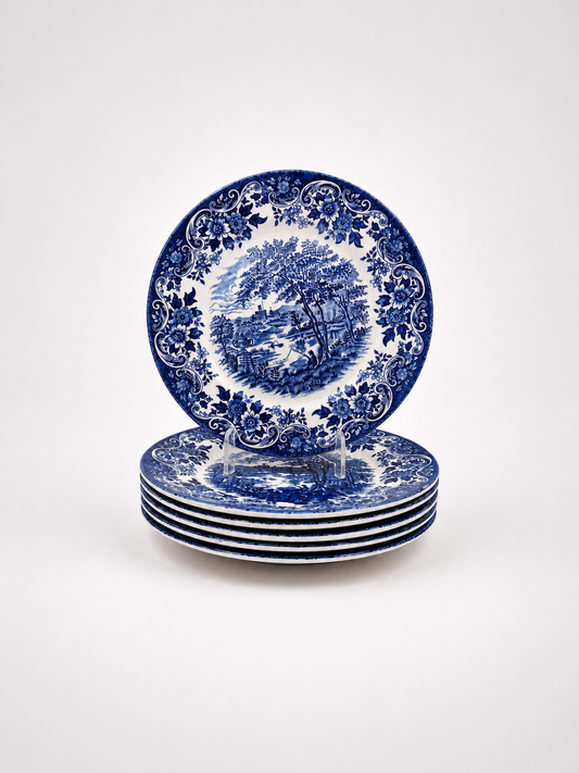 Set of 6 Vintage Broadhurst England Ironstone "English Scene" Plates 22.5 cm | Blue & White Transferware
