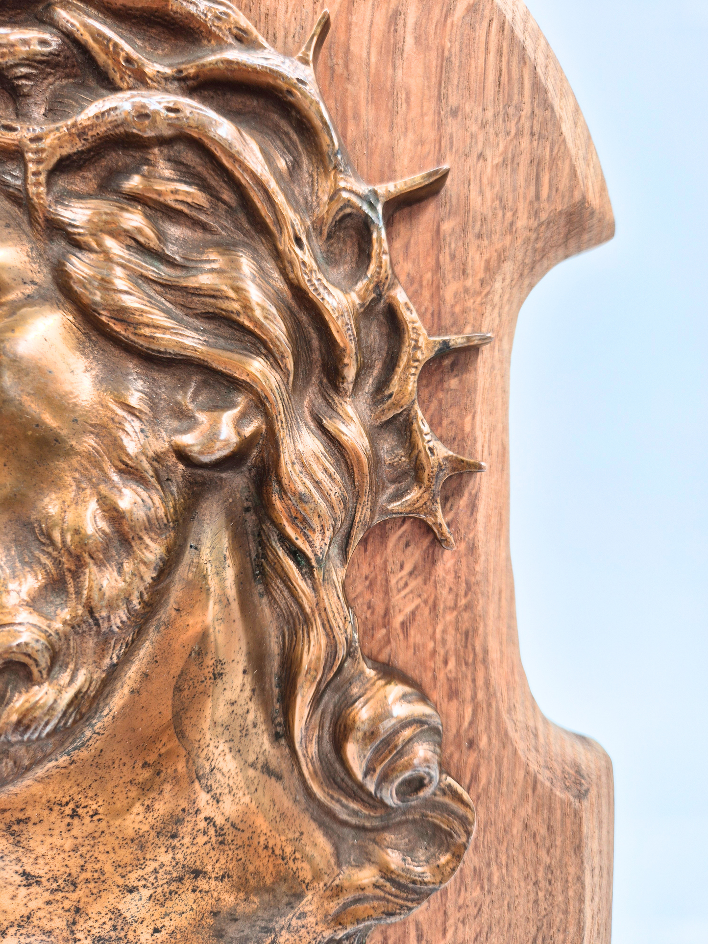 Antique Brass Jesus Wall Plaque – Wooden Base – Patinated – 34 cm