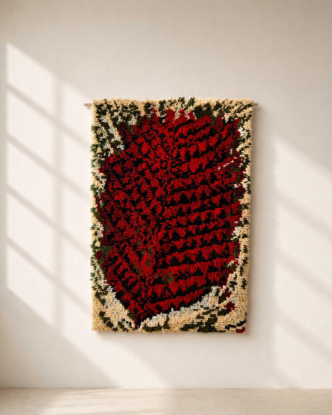 Kirsti Ilvessalo "Metsässä palaa" Ryijy Wall Hanging – Finnish Mid-Century Modern Wool Textile Art