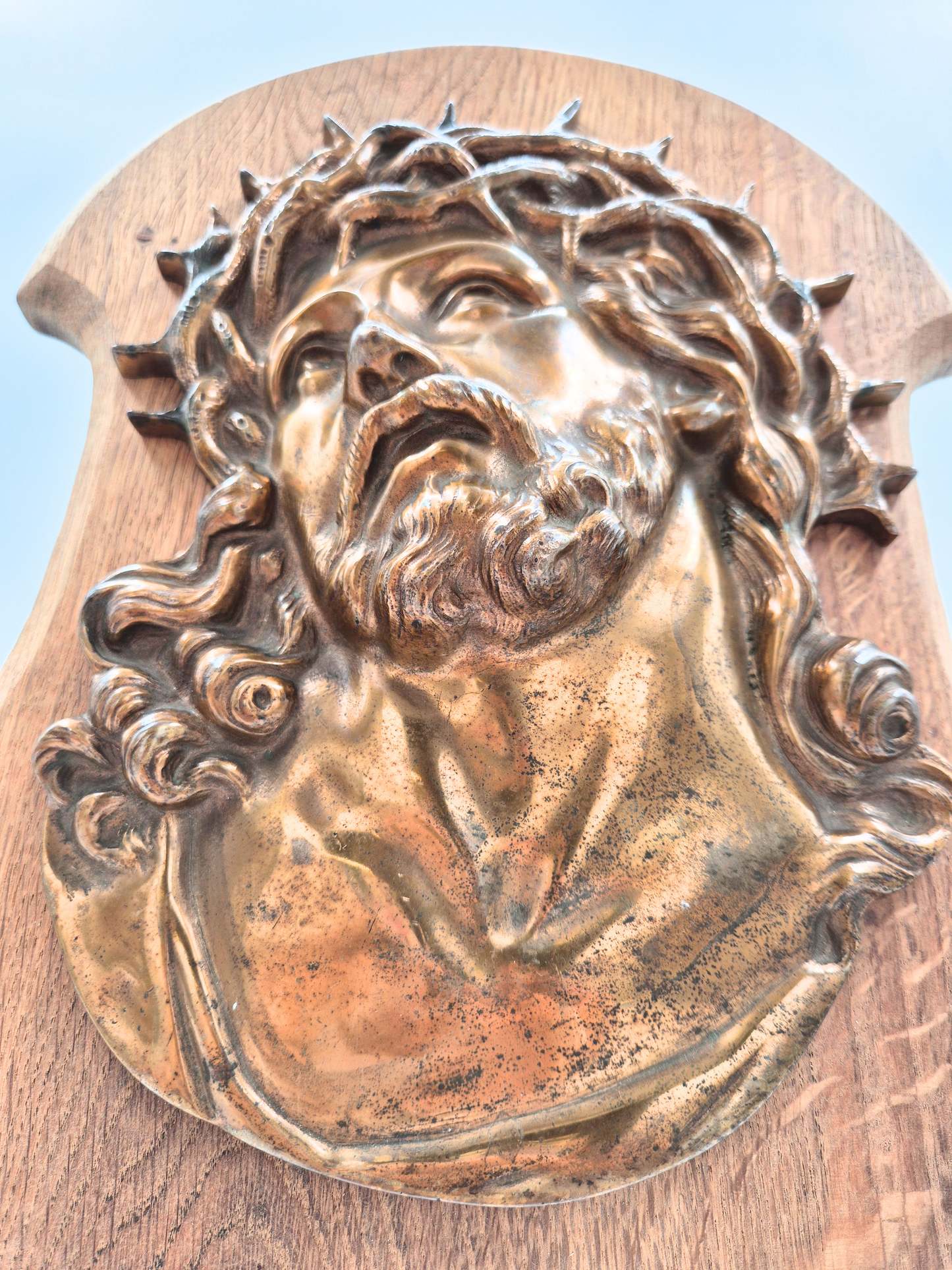 Antique Brass Jesus Wall Plaque – Wooden Base – Patinated – 34 cm
