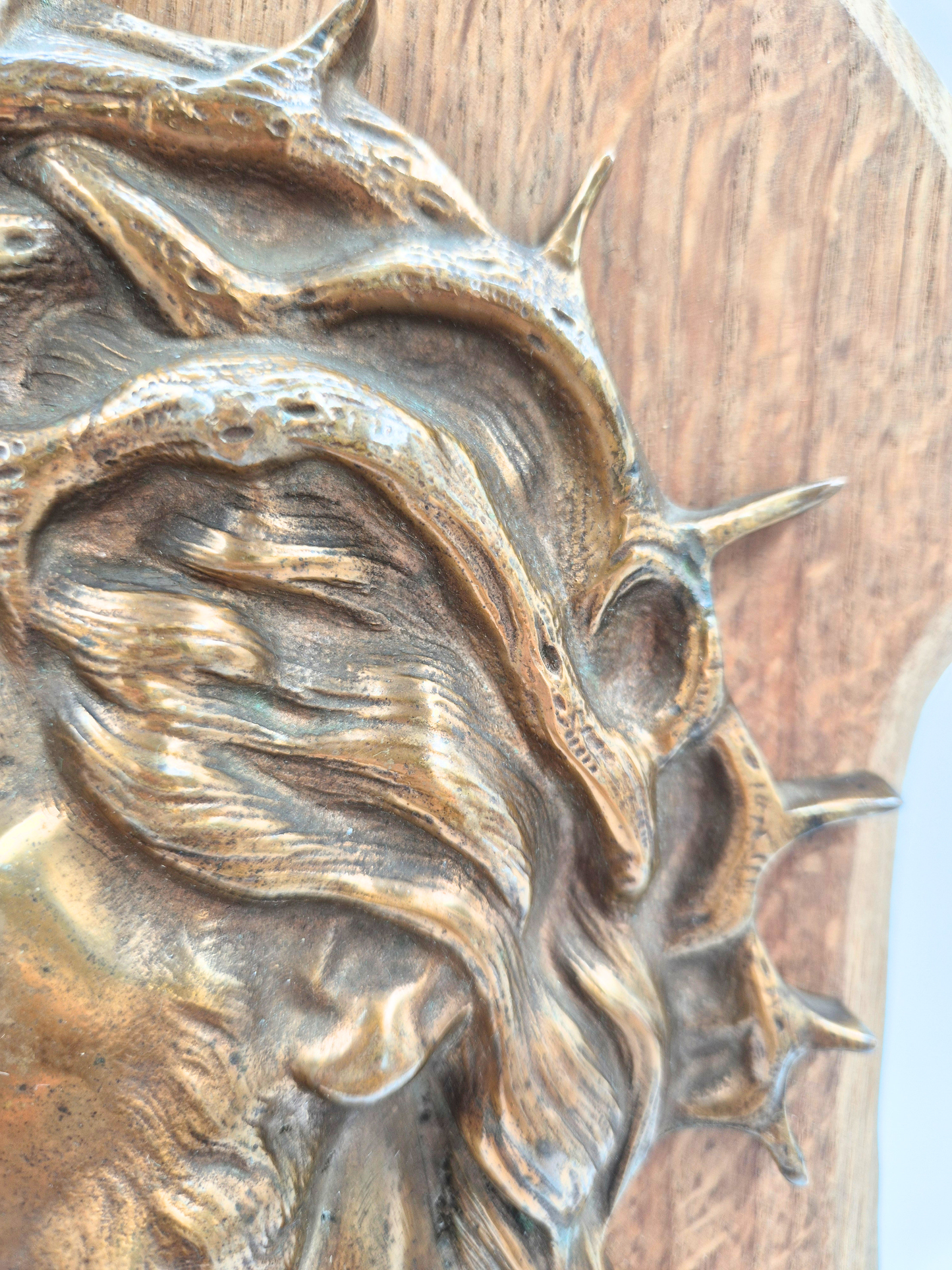 Antique Brass Jesus Wall Plaque – Wooden Base – Patinated – 34 cm