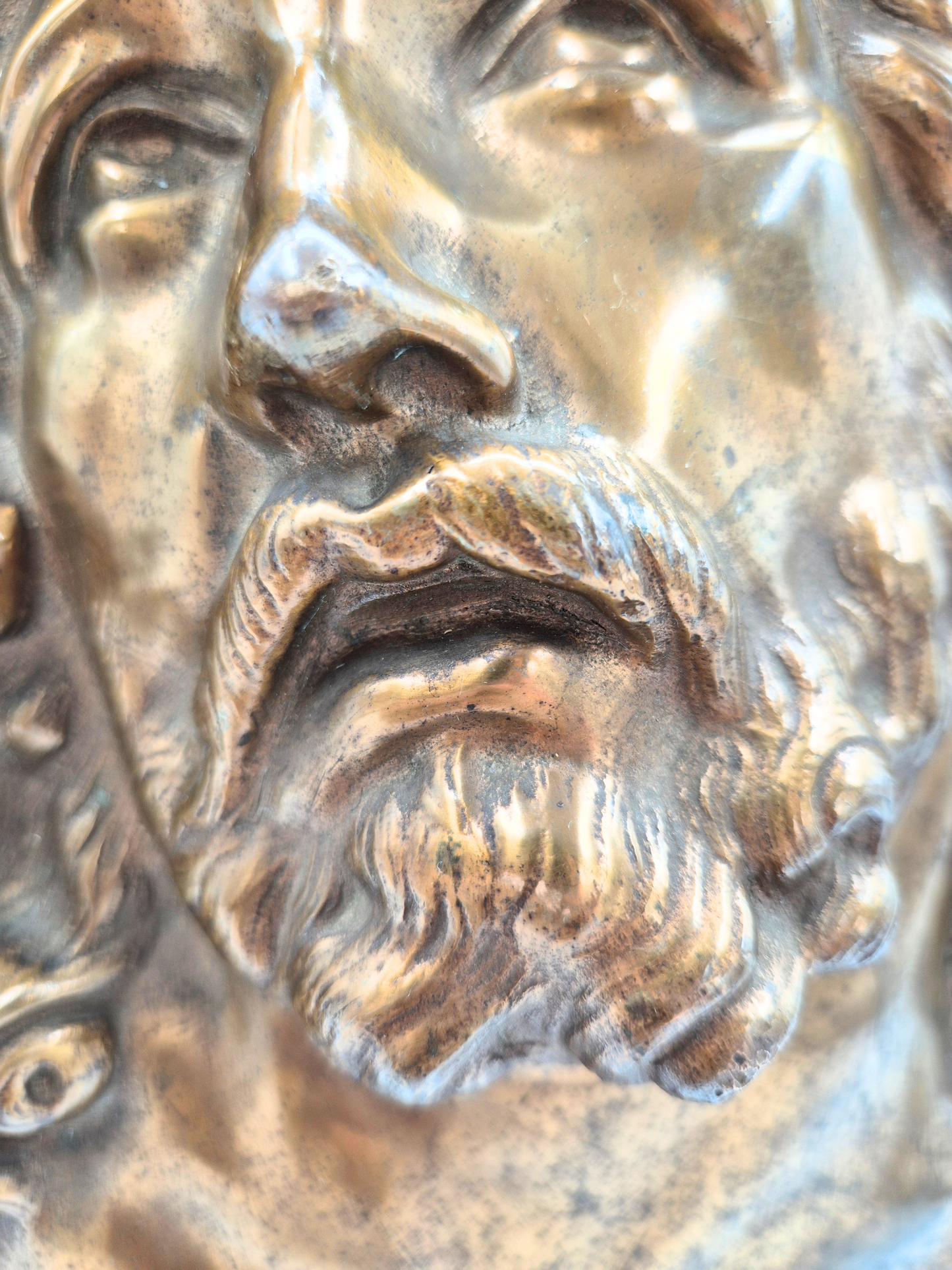 Antique Brass Jesus Wall Plaque – Wooden Base – Patinated – 34 cm