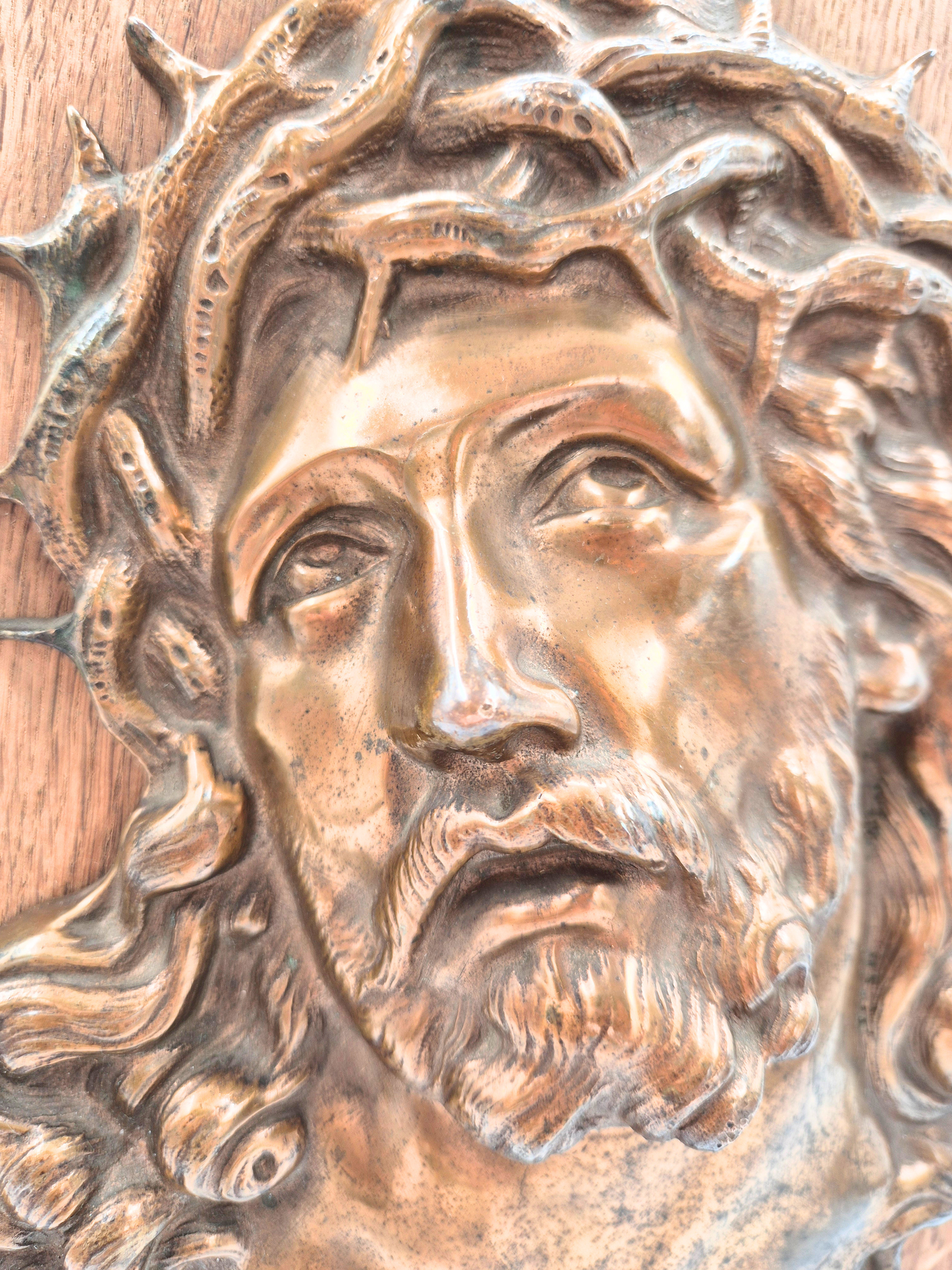 Antique Brass Jesus Wall Plaque – Wooden Base – Patinated – 34 cm