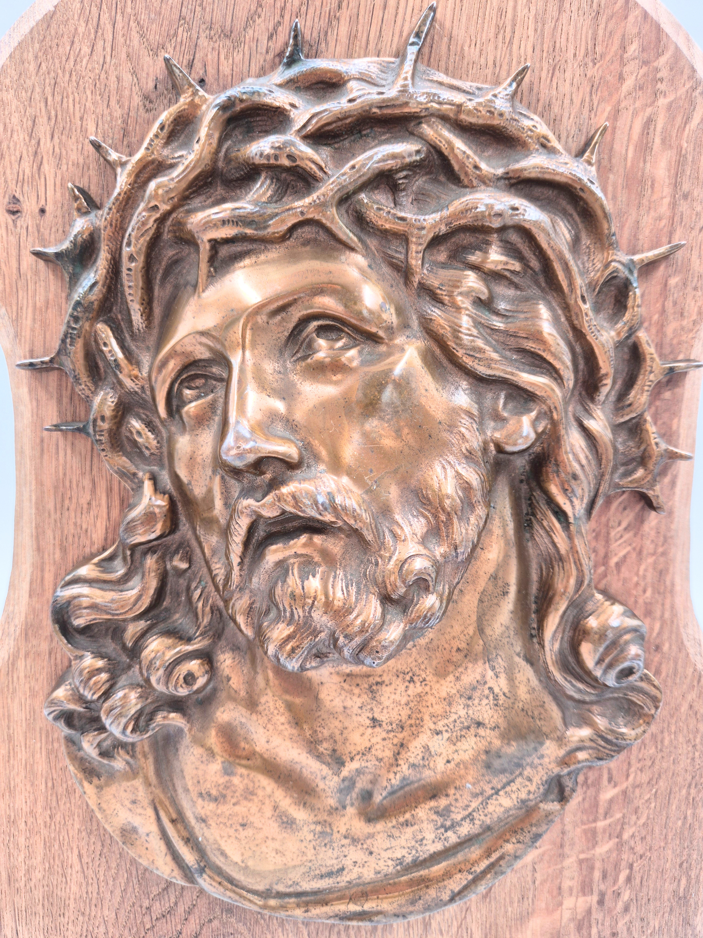 Antique Brass Jesus Wall Plaque – Wooden Base – Patinated – 34 cm