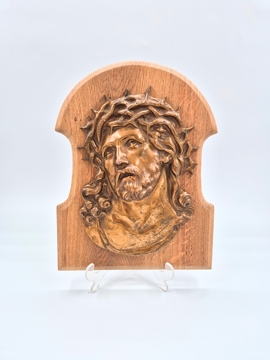 Antique Brass Jesus Wall Plaque – Wooden Base – Patinated – 34 cm