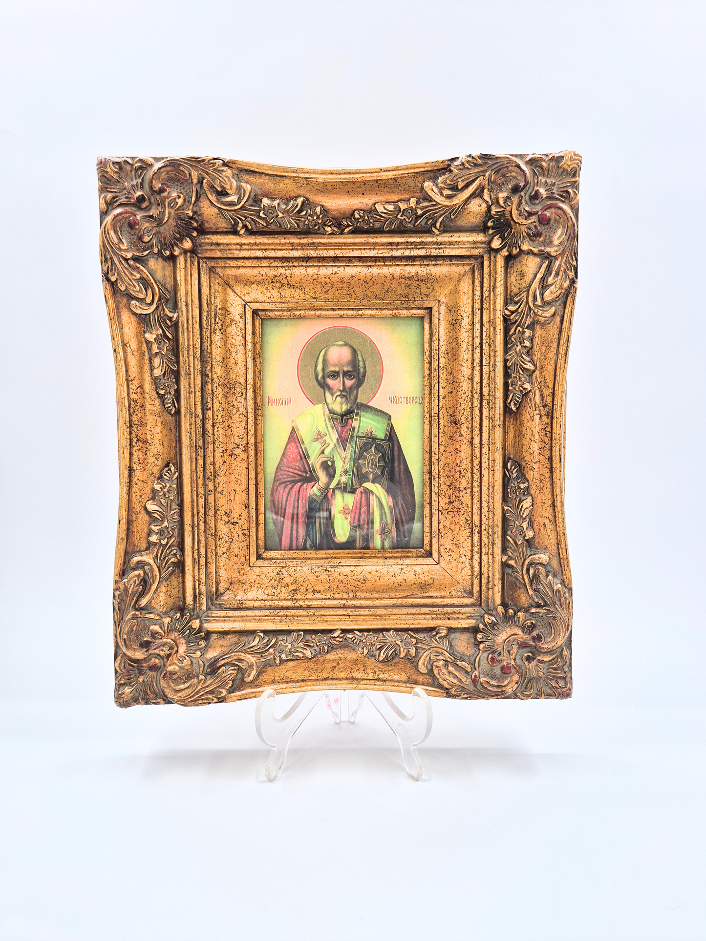 Antique Orthodox Icon – Saint Nicholas – Ornate Gilt Frame – 20th Century – 35.5 x 36 cm