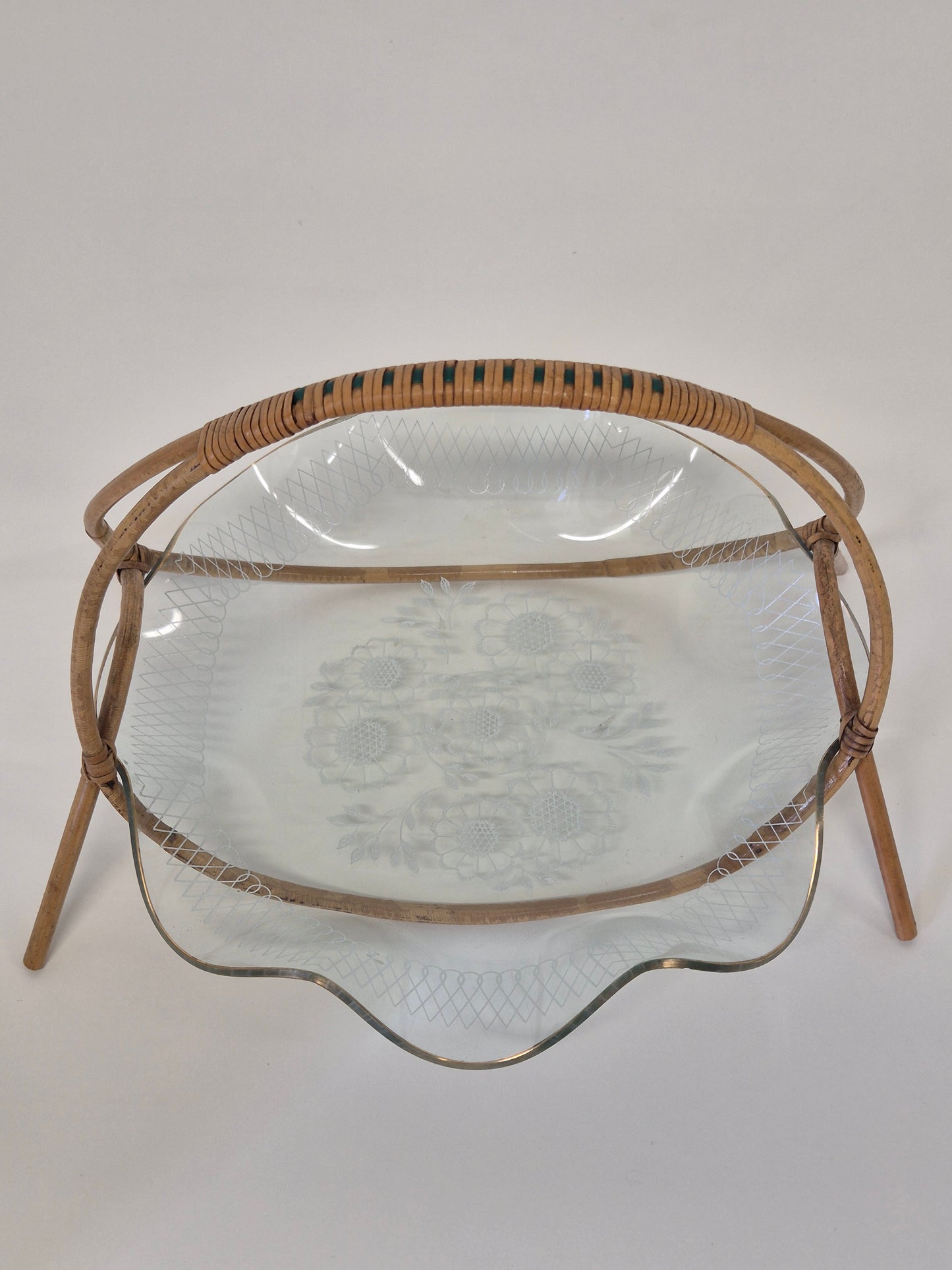 Vintage rotan glazen serveerschaal - ronde natuurlijke serveerschaal