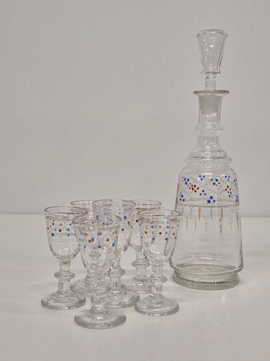 Hand-Painted Antique Carafe & 6 Glasses – Decorative Glassware Set