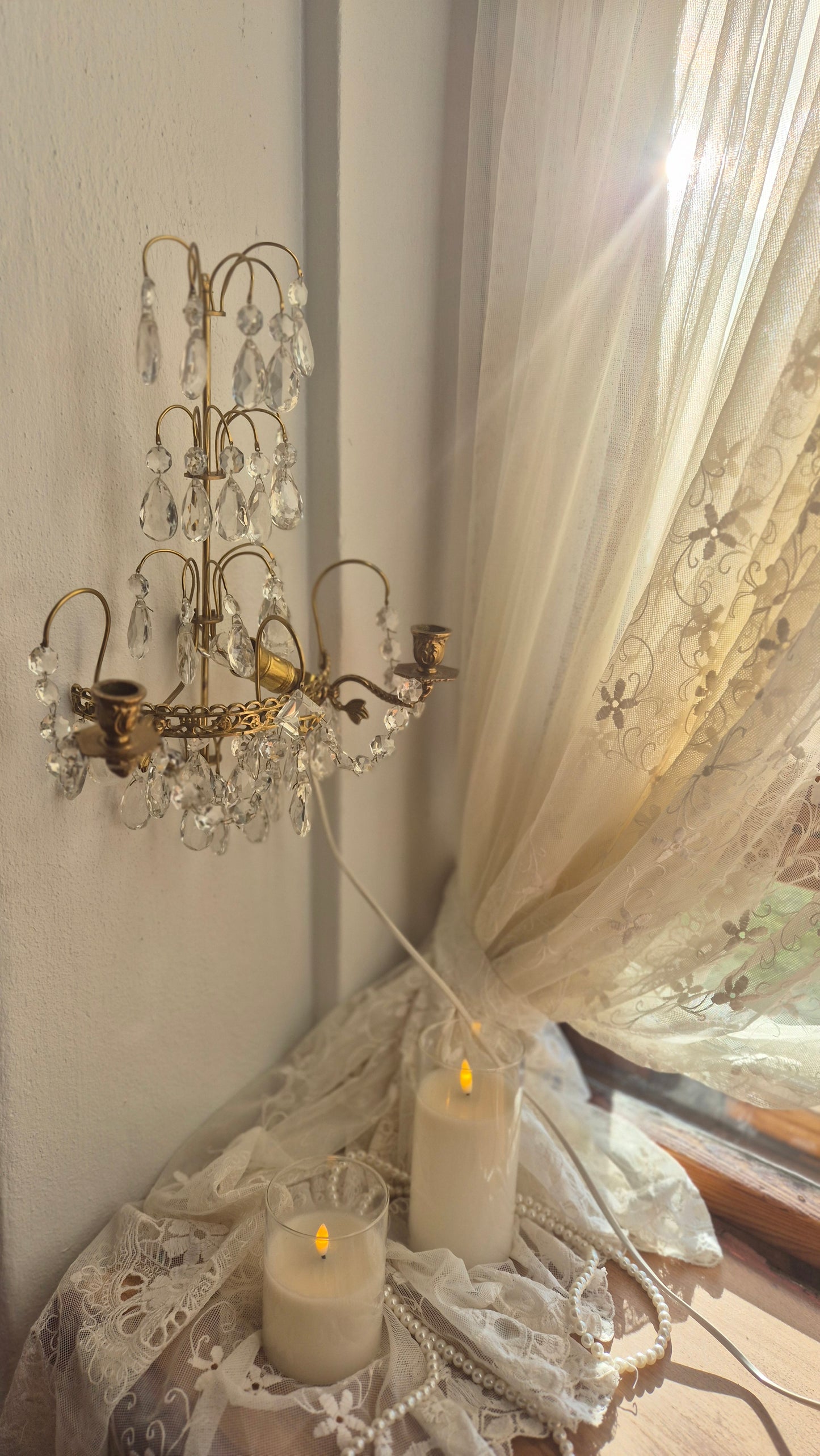 Vintage Crystal & Brass Wall Sconce with Candle Holders (Set of Two )