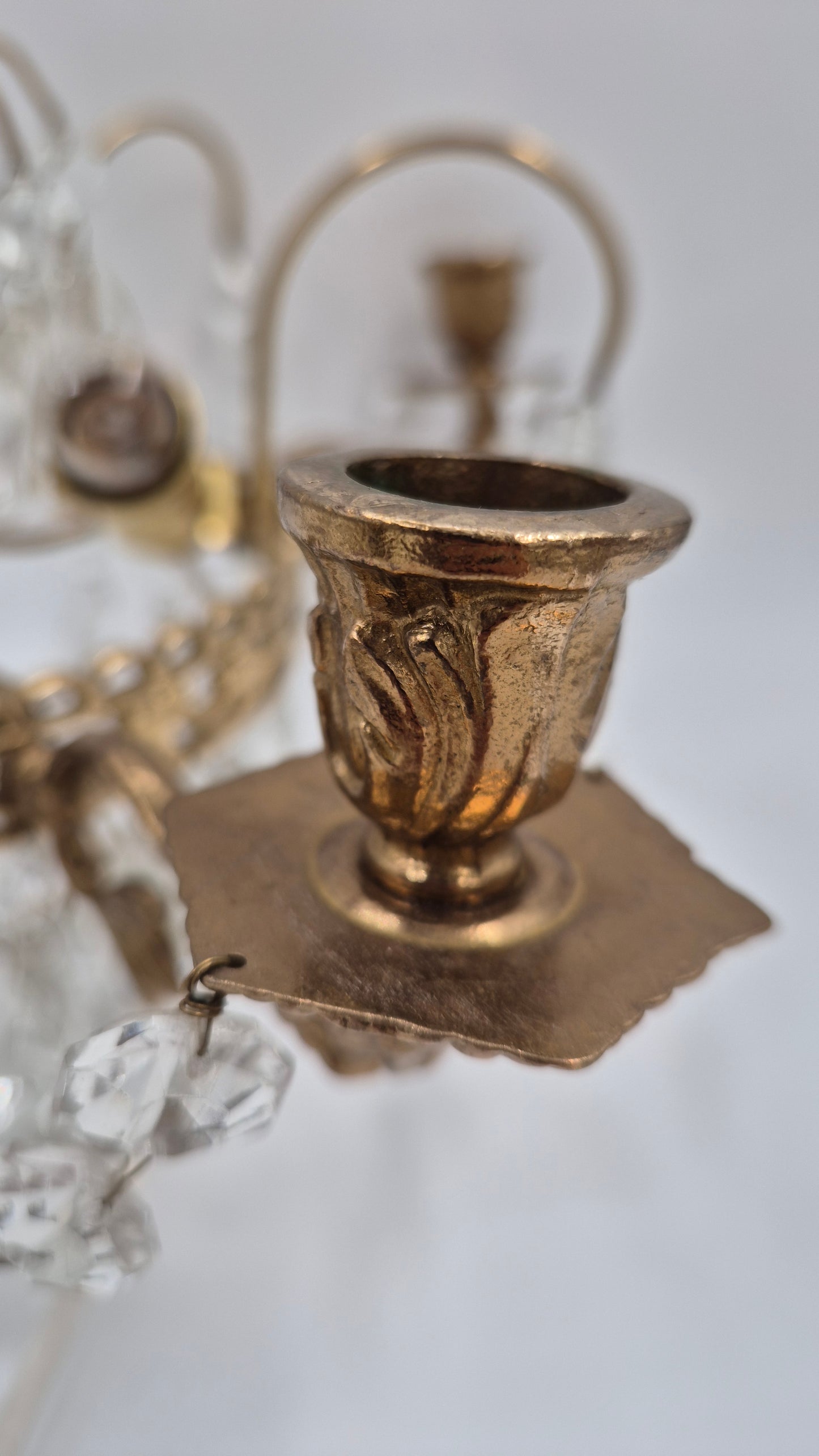 Vintage Crystal & Brass Wall Sconce with Candle Holders (Set of Two )
