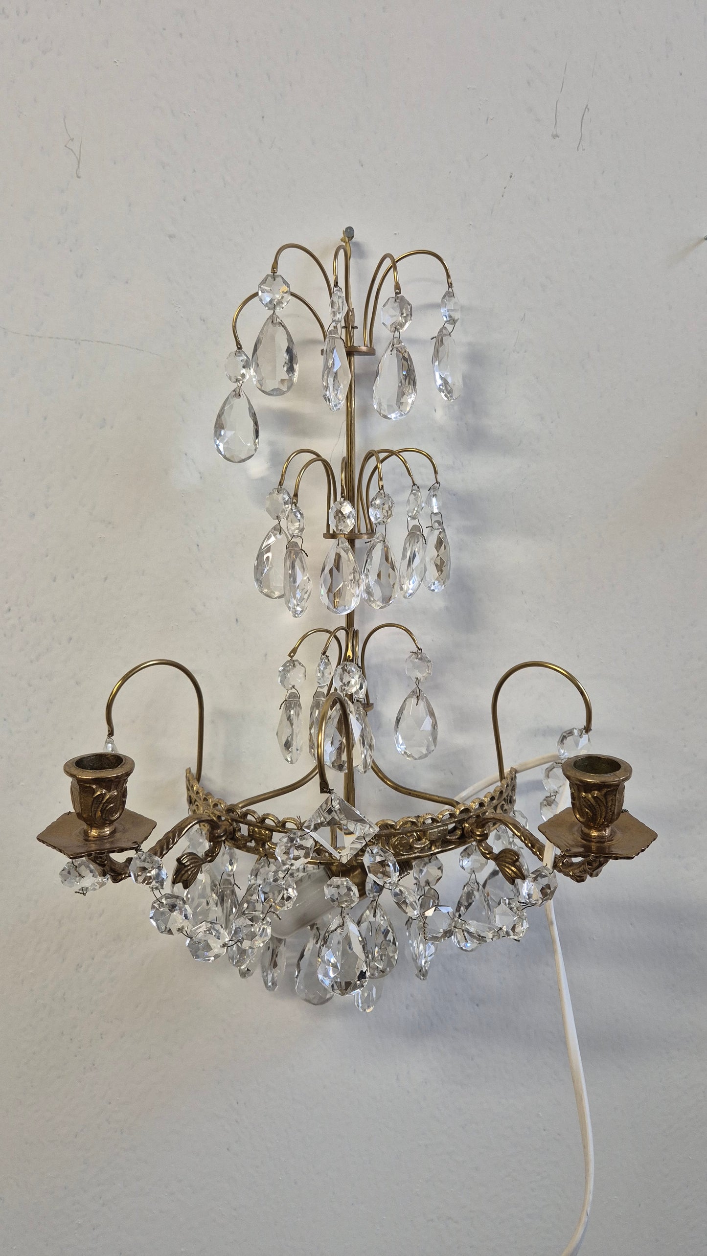 Vintage Crystal & Brass Wall Sconce with Candle Holders (Set of Two )