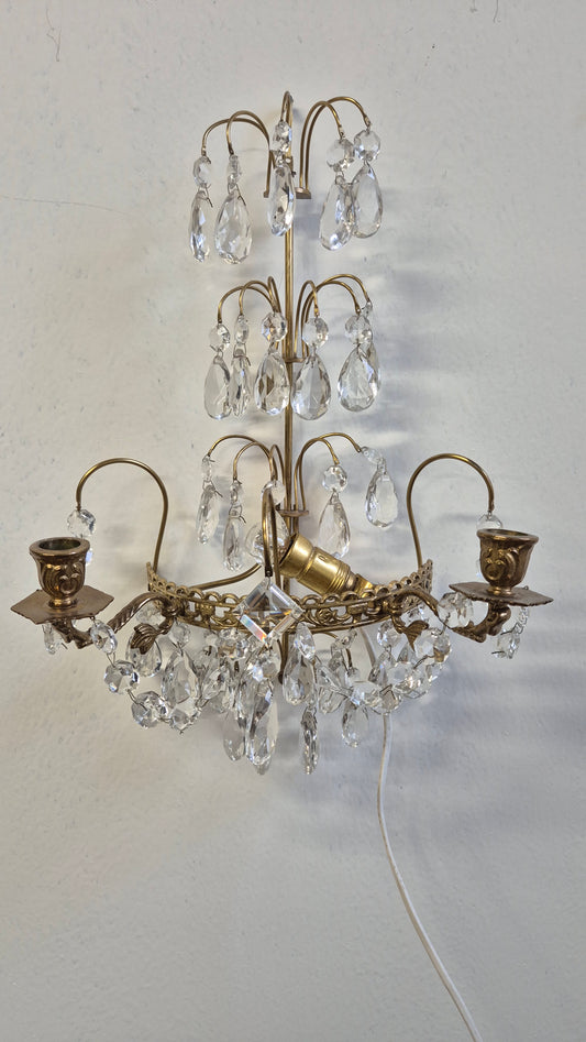 Vintage Crystal & Brass Wall Sconce with Candle Holders (Set of Two )