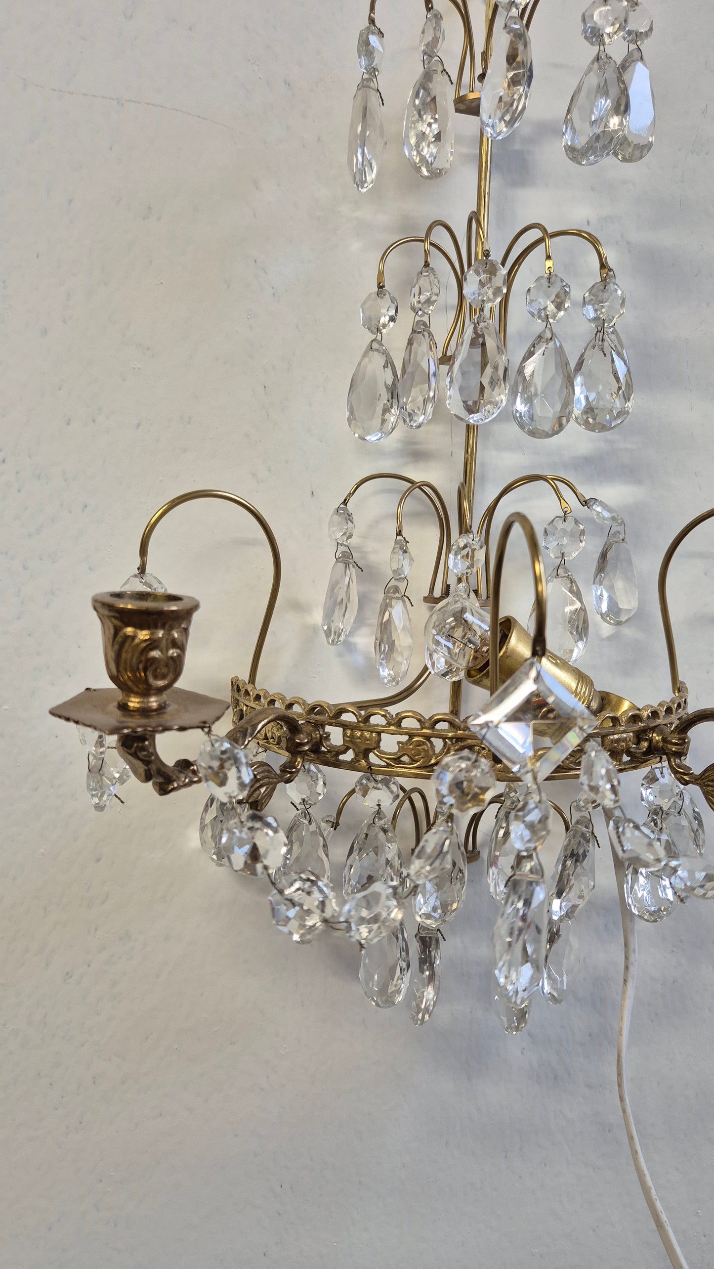Vintage Crystal & Brass Wall Sconce with Candle Holders (Set of Two )
