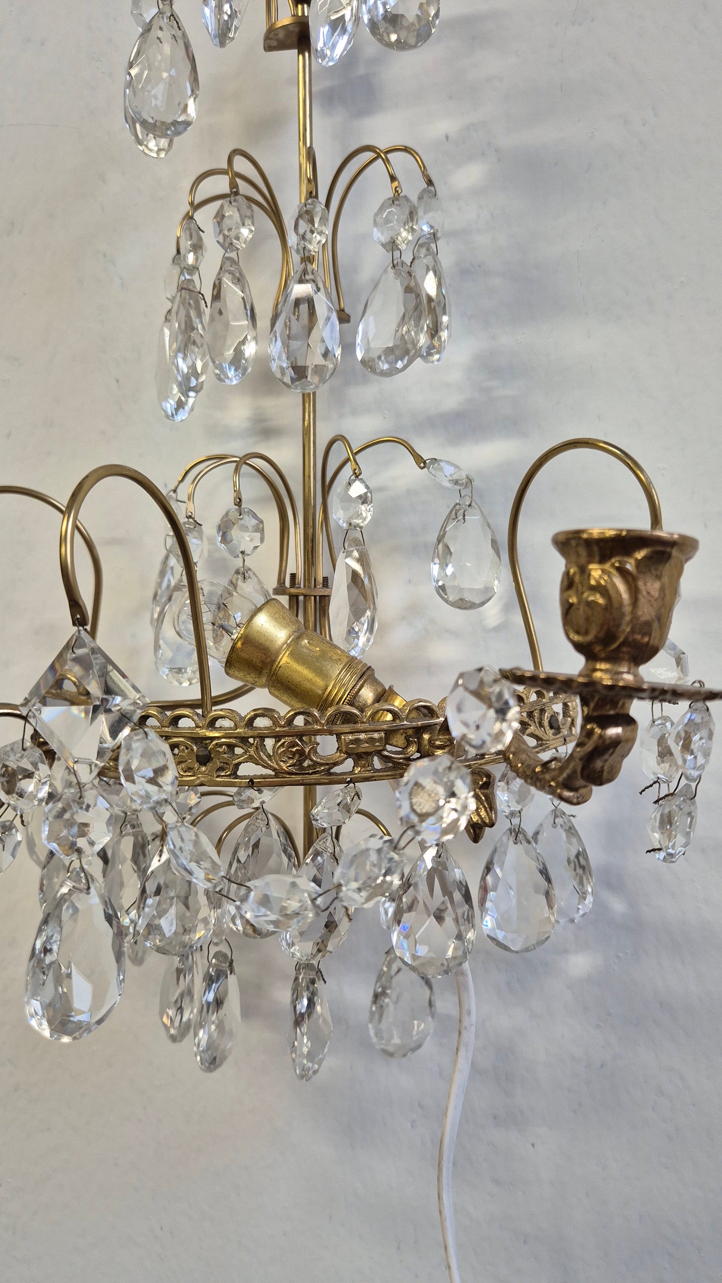 Vintage Crystal & Brass Wall Sconce with Candle Holders (Set of Two )