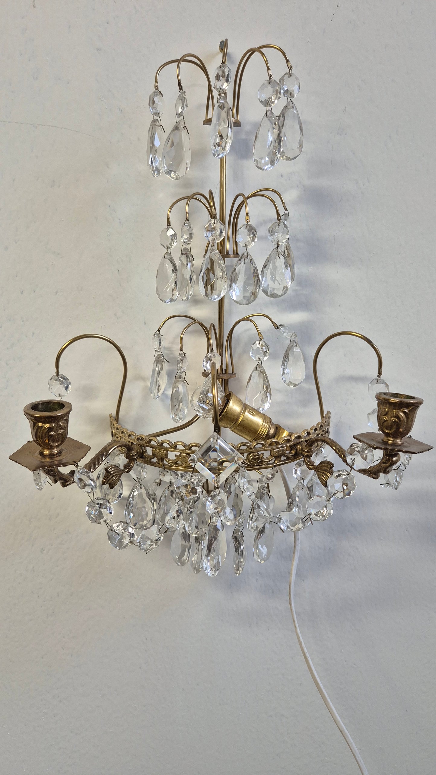Vintage Crystal & Brass Wall Sconce with Candle Holders (Set of Two )