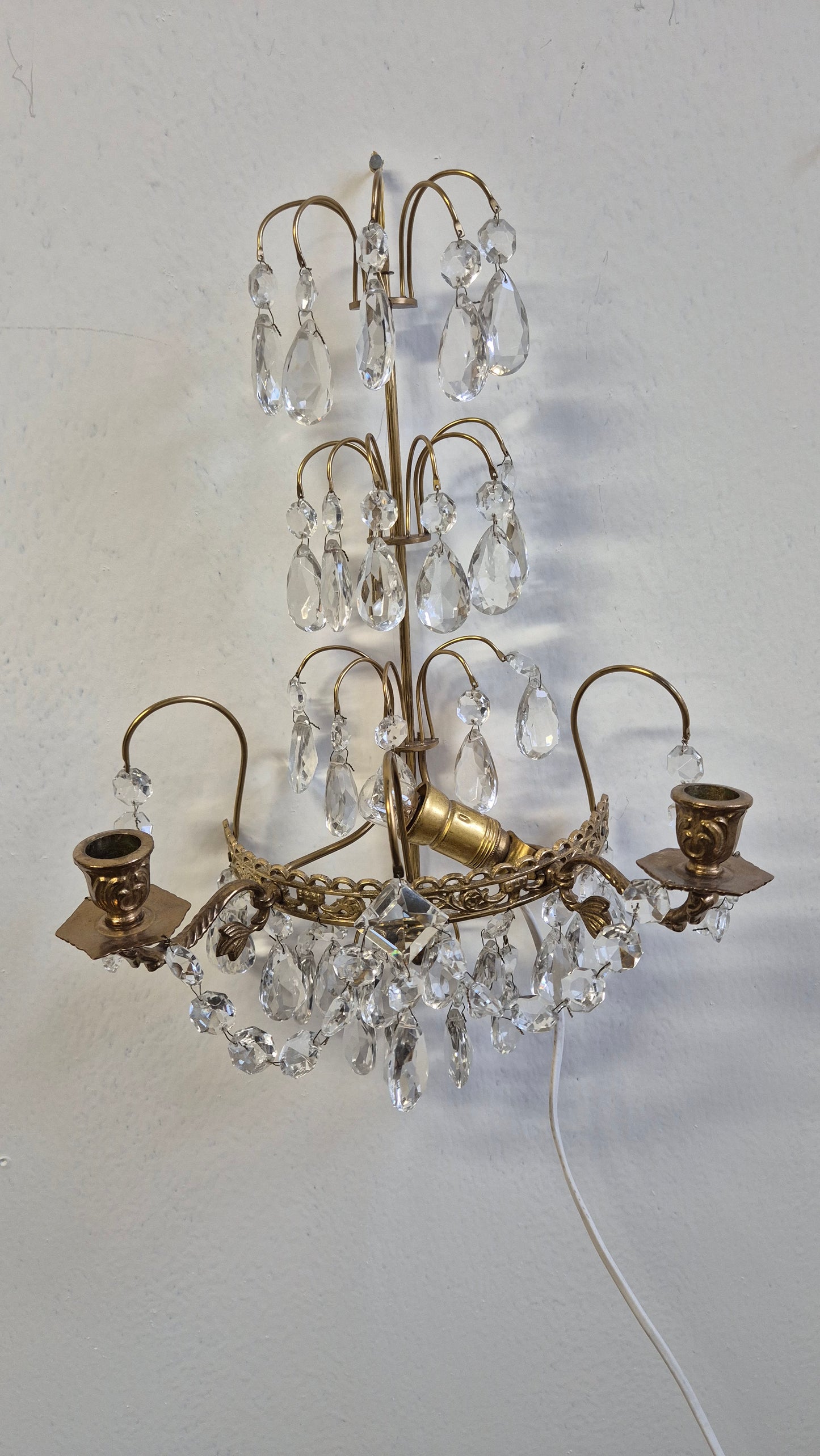 Vintage Crystal & Brass Wall Sconce with Candle Holders (Set of Two )