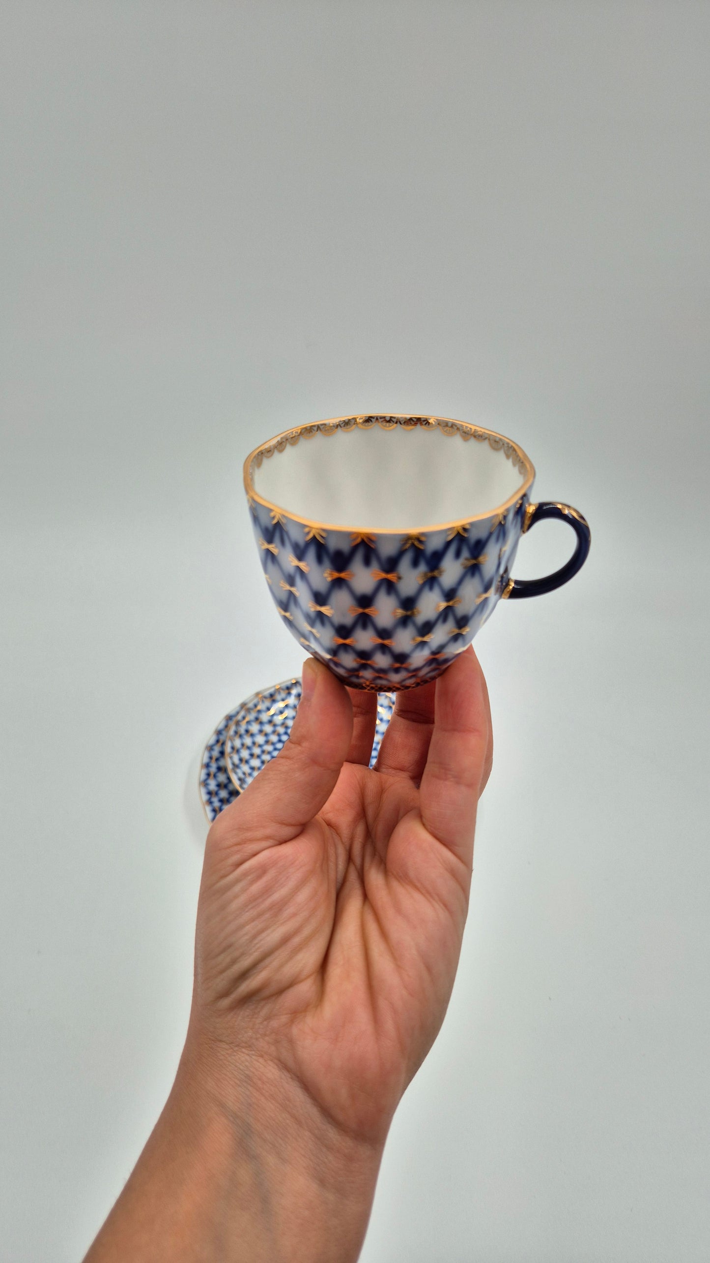 Vintage Lomonosov Cobalt Net Coffee Cup Saucer and Dessert Plate Set