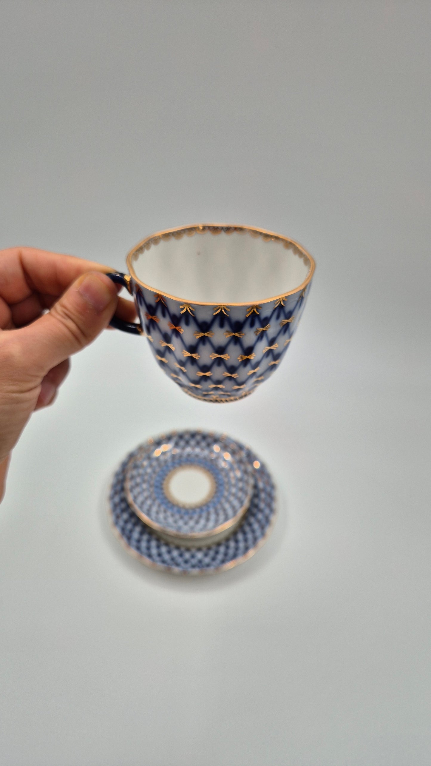 Vintage Lomonosov Cobalt Net Coffee Cup Saucer and Dessert Plate Set
