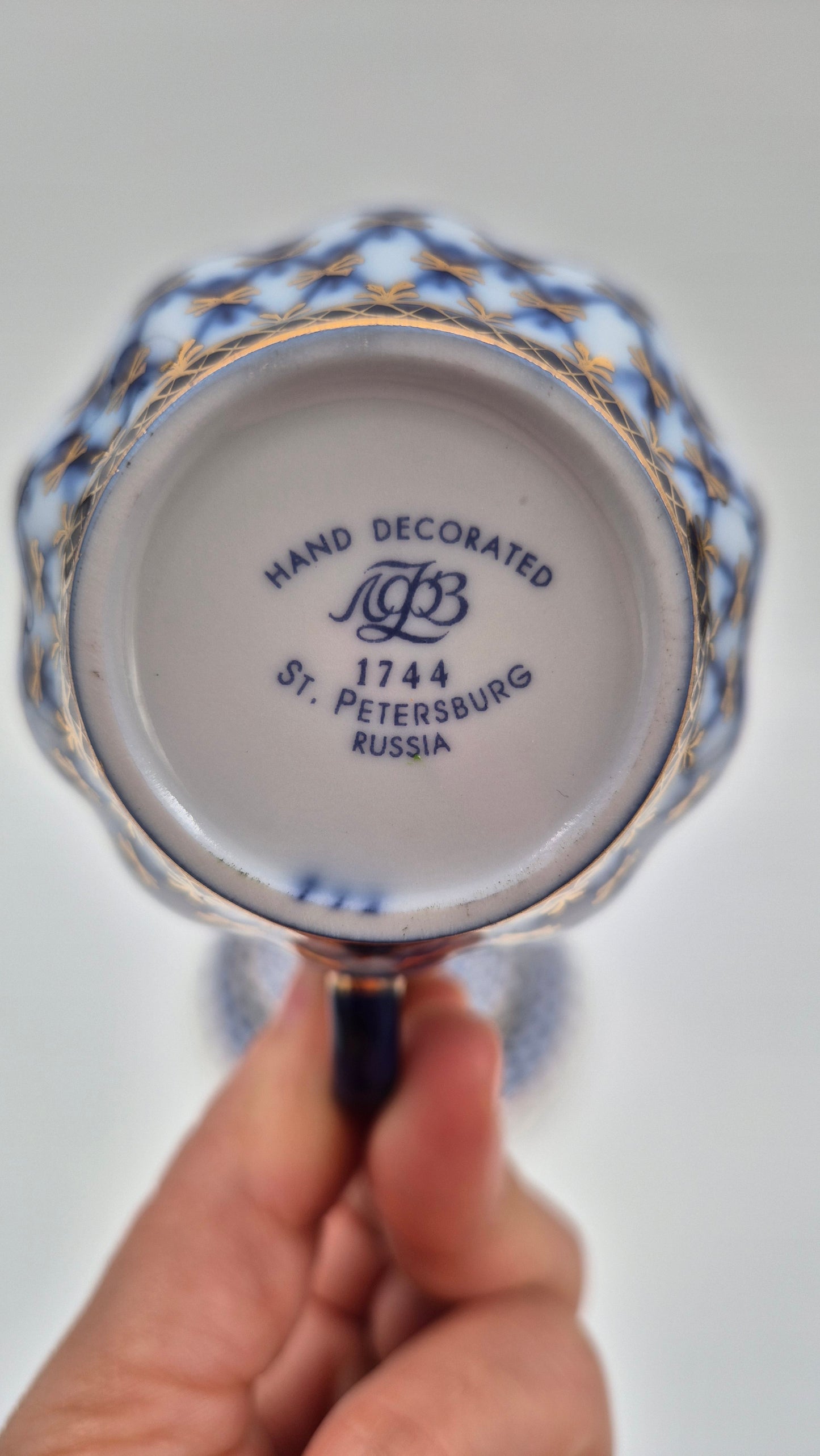 Vintage Lomonosov Cobalt Net Coffee Cup Saucer and Dessert Plate Set