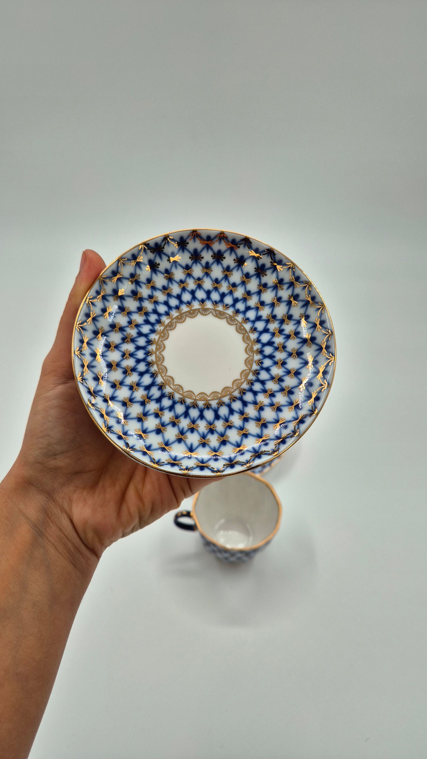 Vintage Lomonosov Cobalt Net Coffee Cup Saucer and Dessert Plate Set