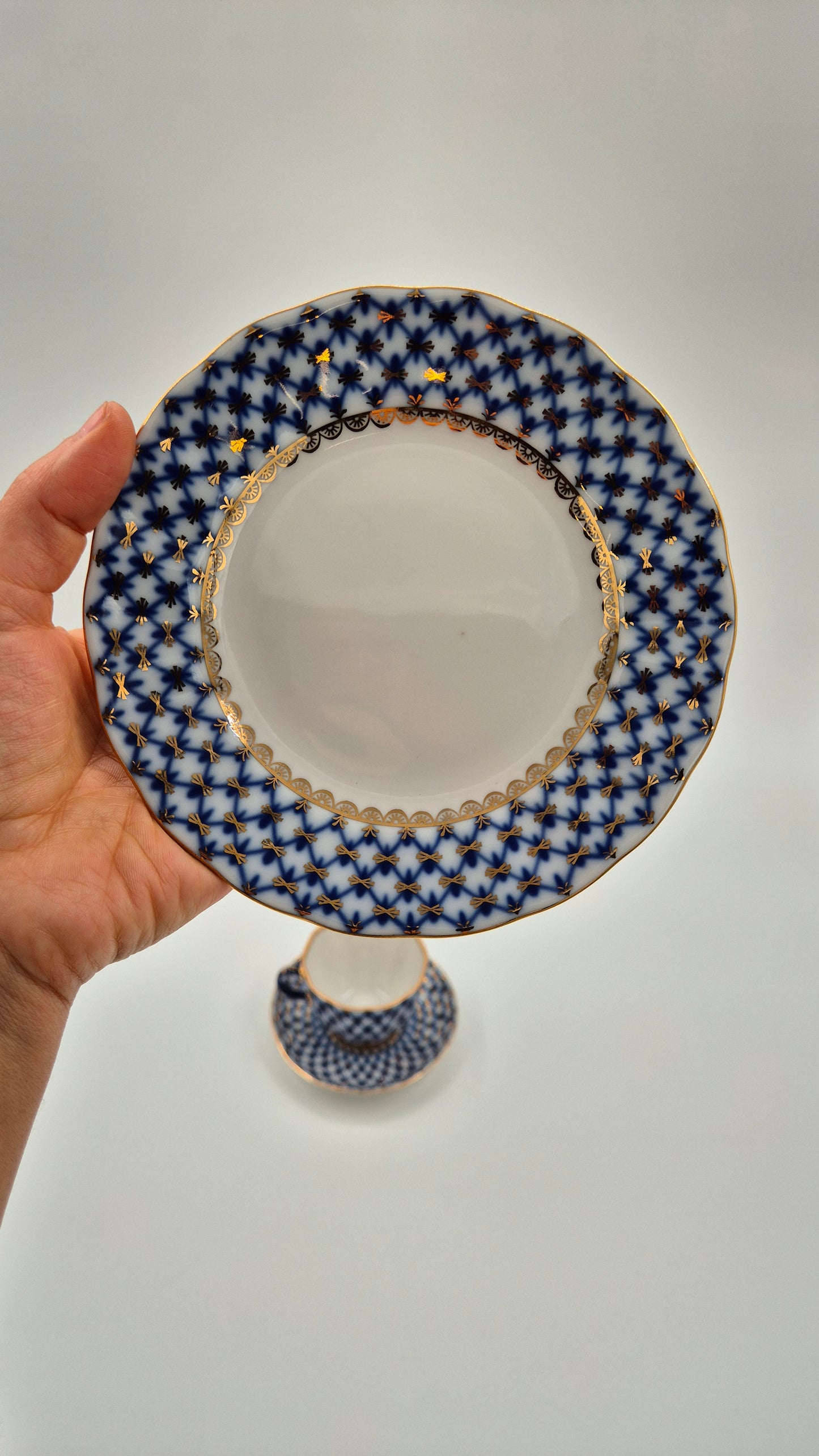 Vintage Lomonosov Cobalt Net Coffee Cup Saucer and Dessert Plate Set