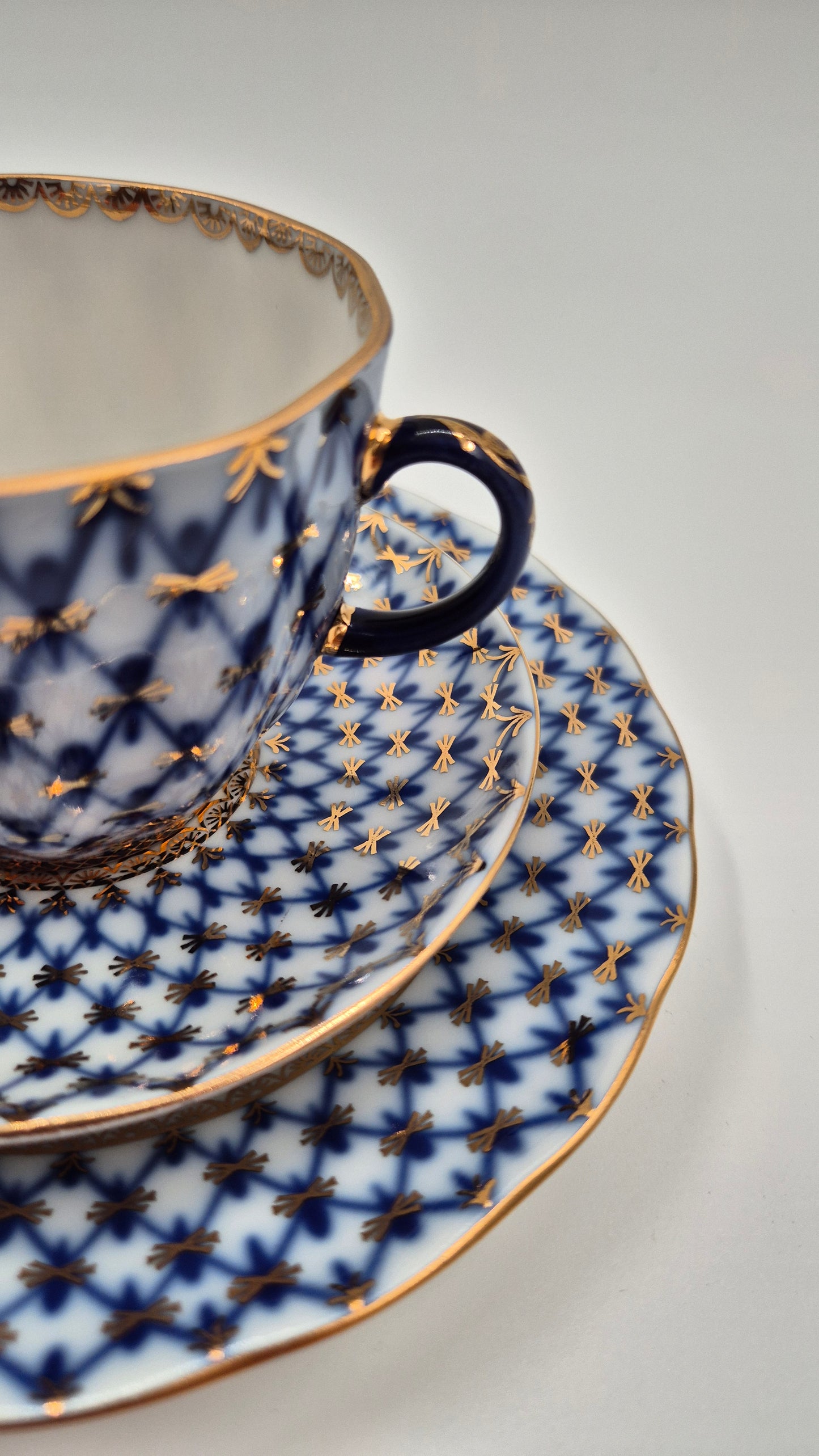 Vintage Lomonosov Cobalt Net Coffee Cup Saucer and Dessert Plate Set