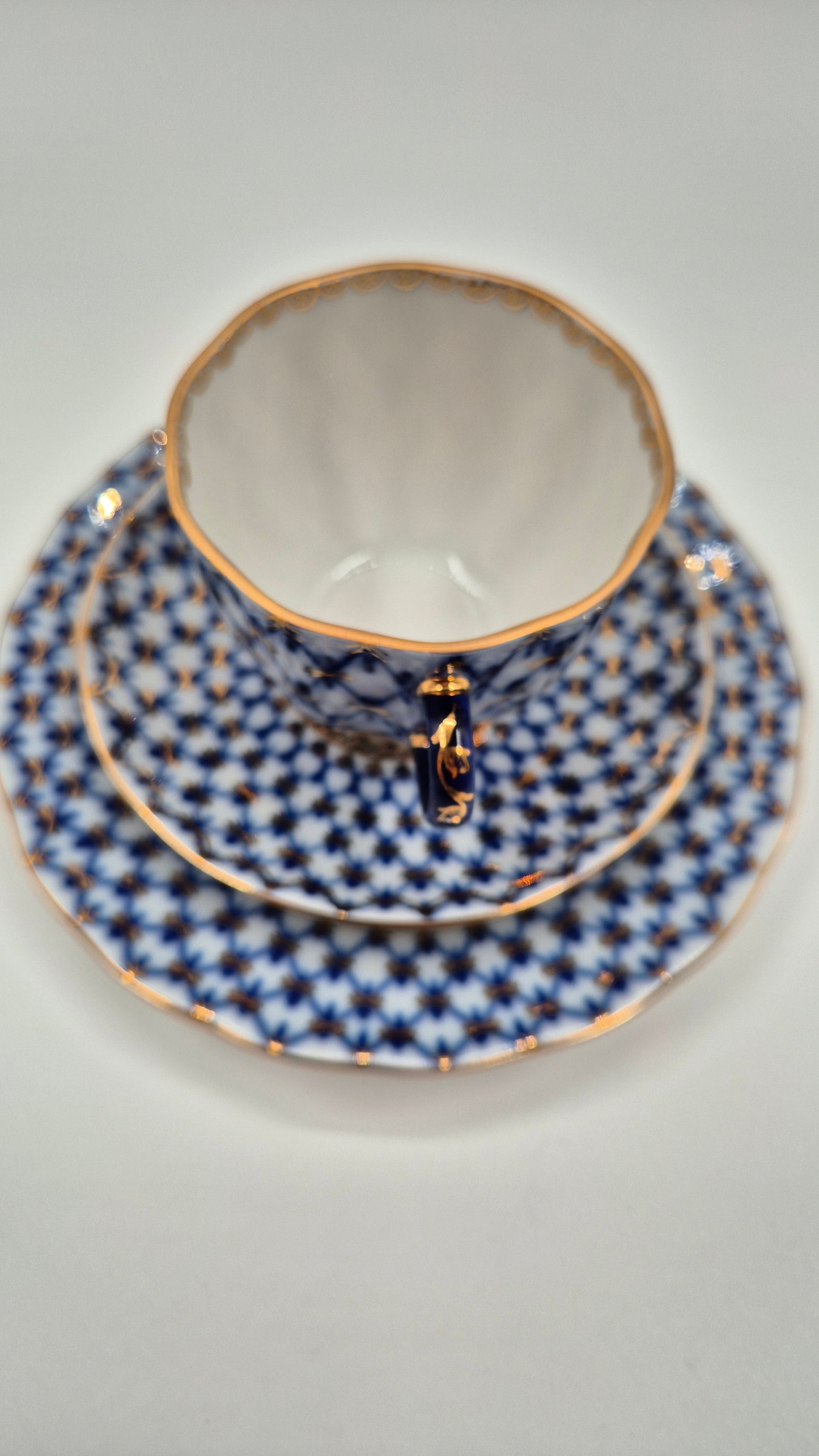 Vintage Lomonosov Cobalt Net Coffee Cup Saucer and Dessert Plate Set