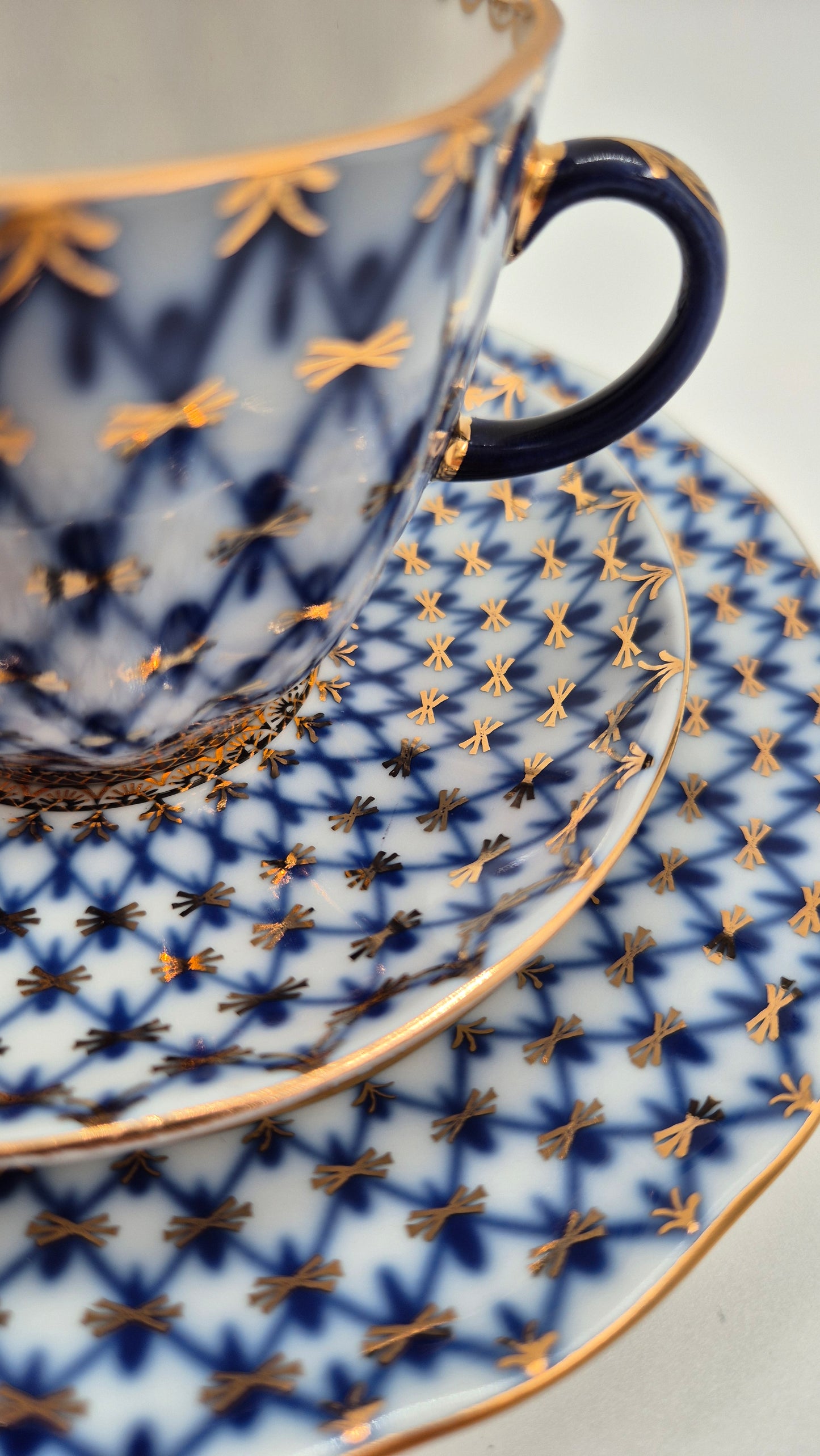 Vintage Lomonosov Cobalt Net Coffee Cup Saucer and Dessert Plate Set