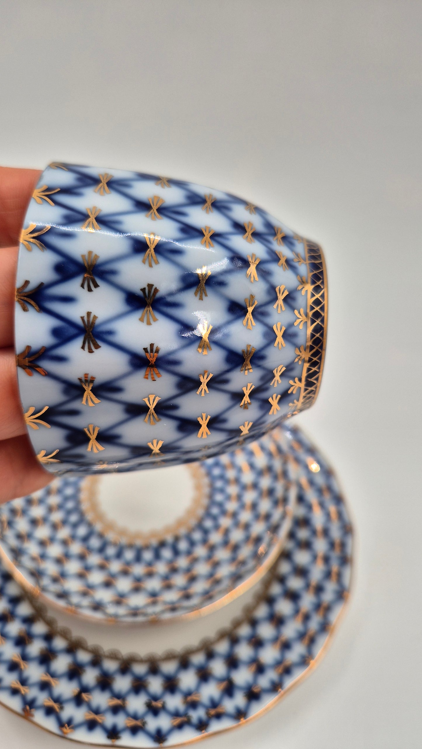 Vintage Lomonosov Cobalt Net Coffee Cup Saucer and Dessert Plate Set