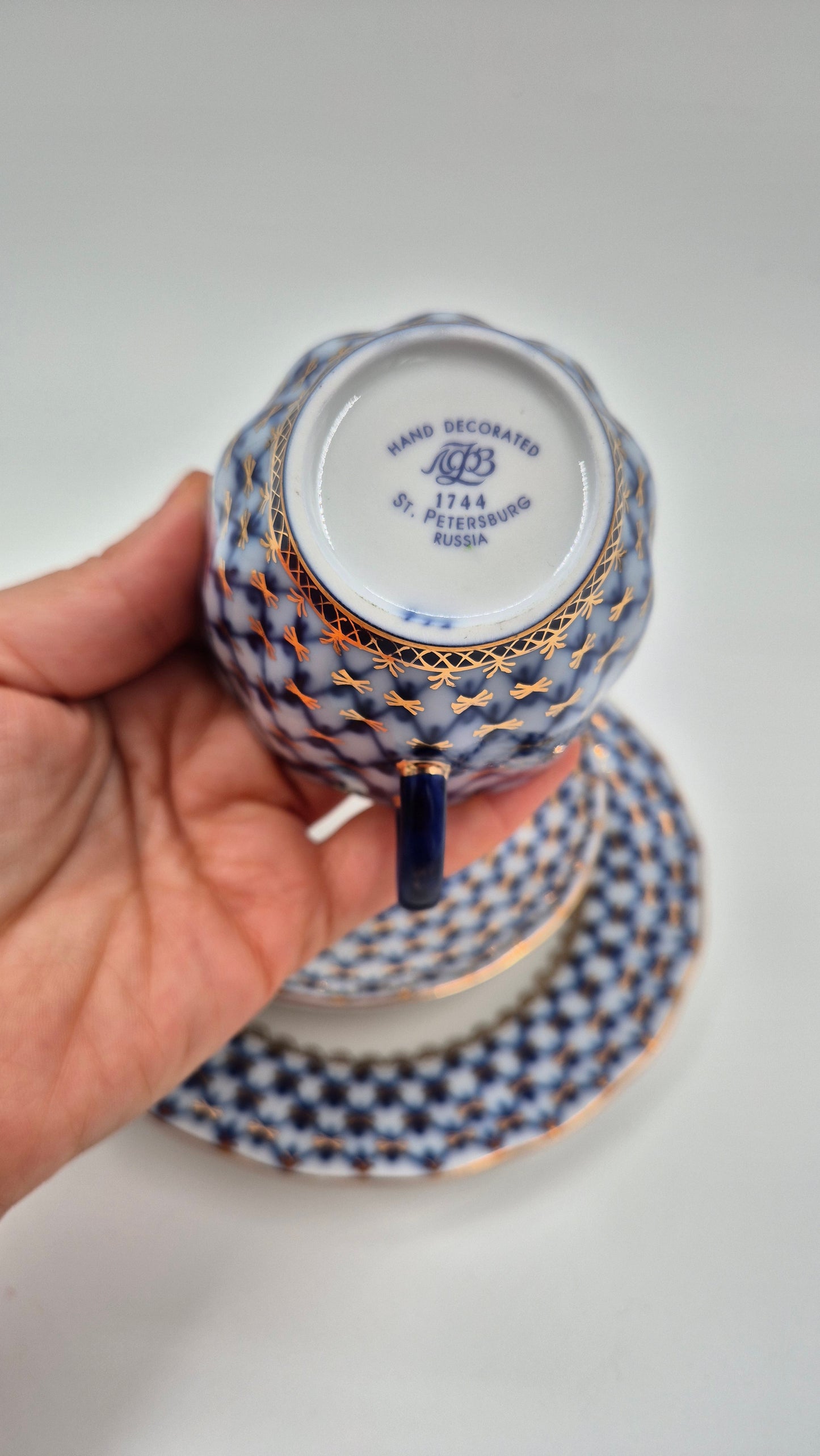 Vintage Lomonosov Cobalt Net Coffee Cup Saucer and Dessert Plate Set