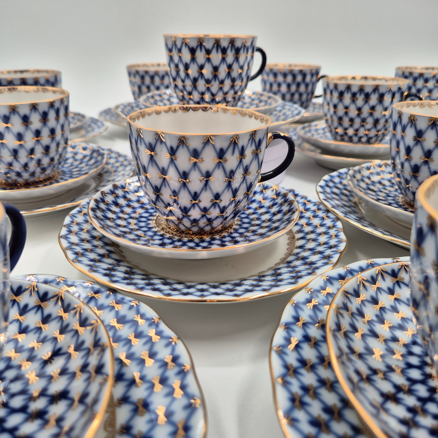 Vintage Lomonosov Cobalt Net Coffee Cup Saucer and Dessert Plate Set