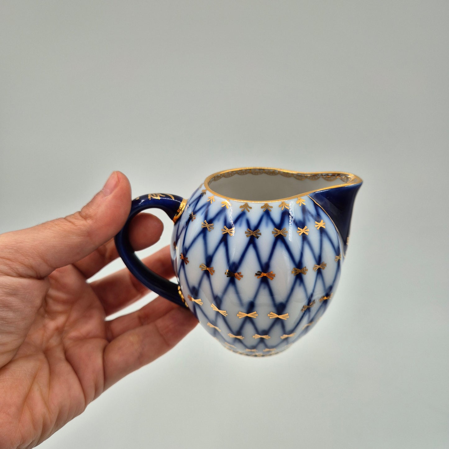 Lomonosov Imperial Porcelain Cobalt Net Sugar Bowl & Creamer