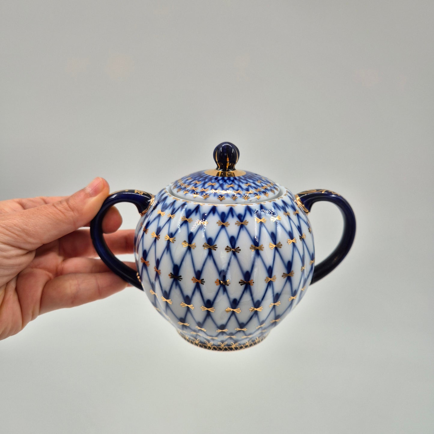 Lomonosov Imperial Porcelain Cobalt Net Sugar Bowl & Creamer