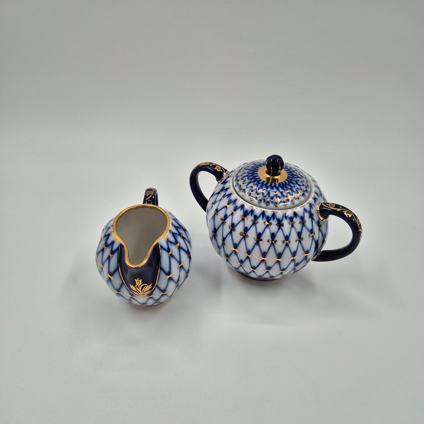 Lomonosov Imperial Porcelain Cobalt Net Sugar Bowl & Creamer