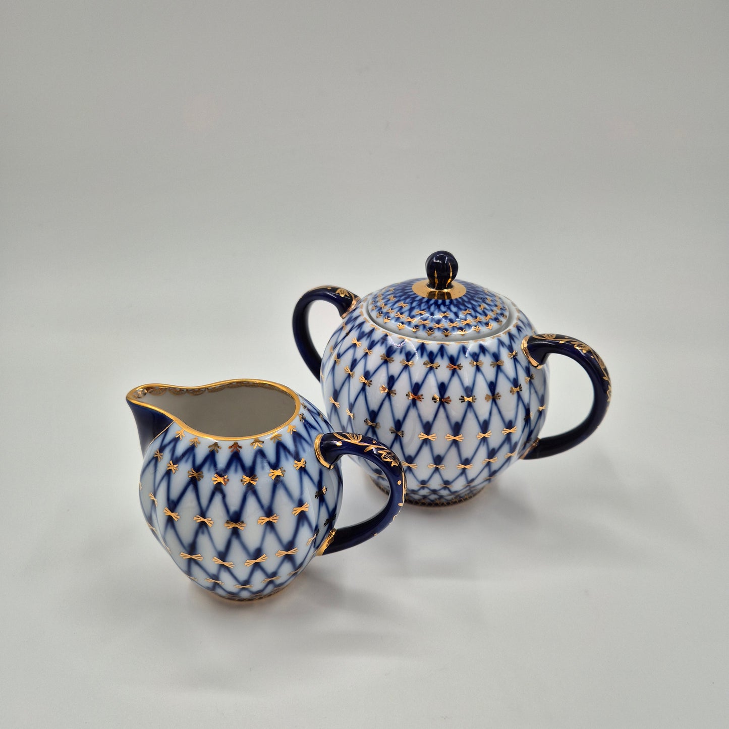 Lomonosov Imperial Porcelain Cobalt Net Sugar Bowl & Creamer