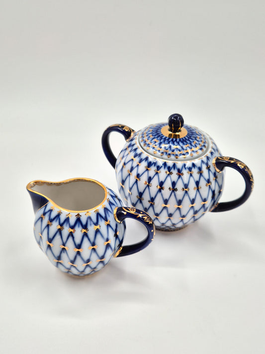 Lomonosov Imperial Porcelain Cobalt Net Sugar Bowl & Creamer