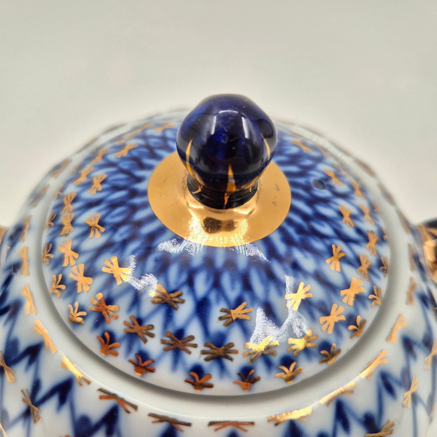 Lomonosov Imperial Porcelain Cobalt Net Sugar Bowl & Creamer