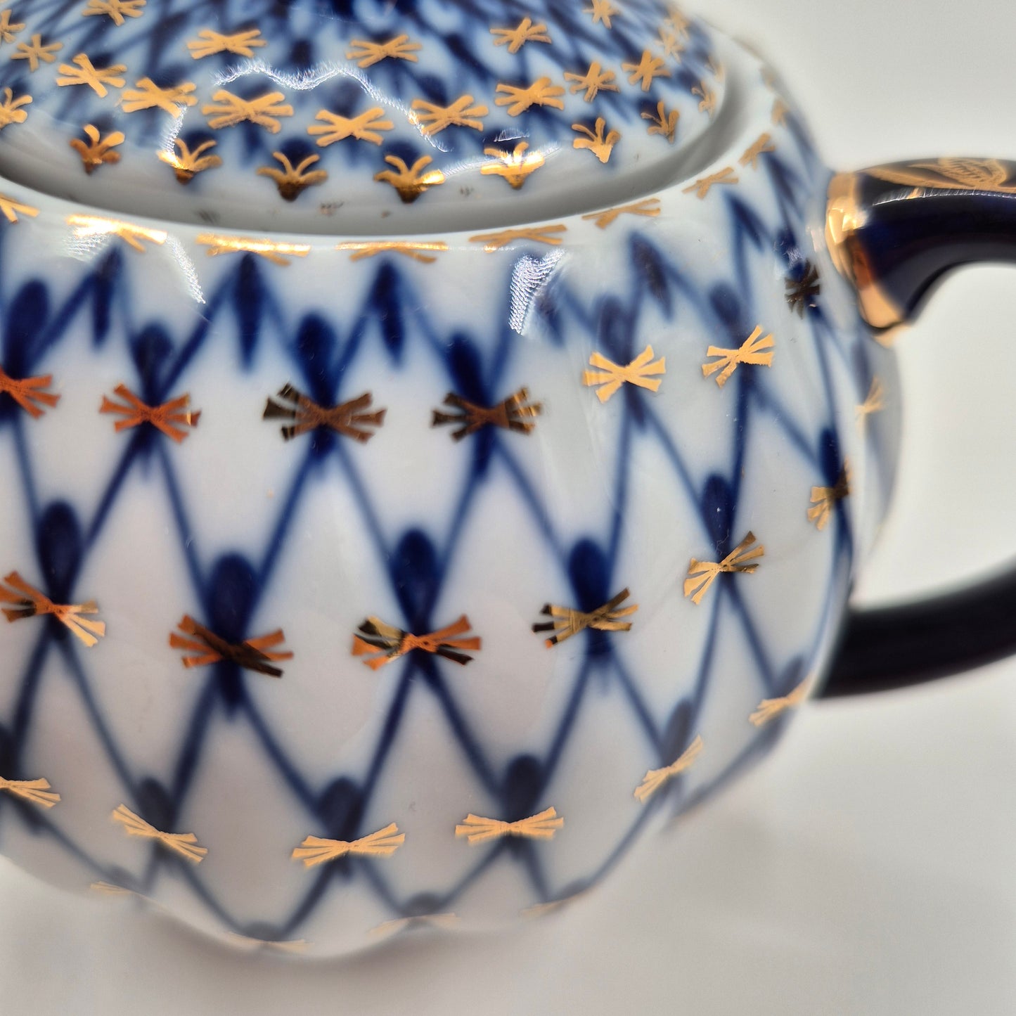 Lomonosov Imperial Porcelain Cobalt Net Sugar Bowl & Creamer